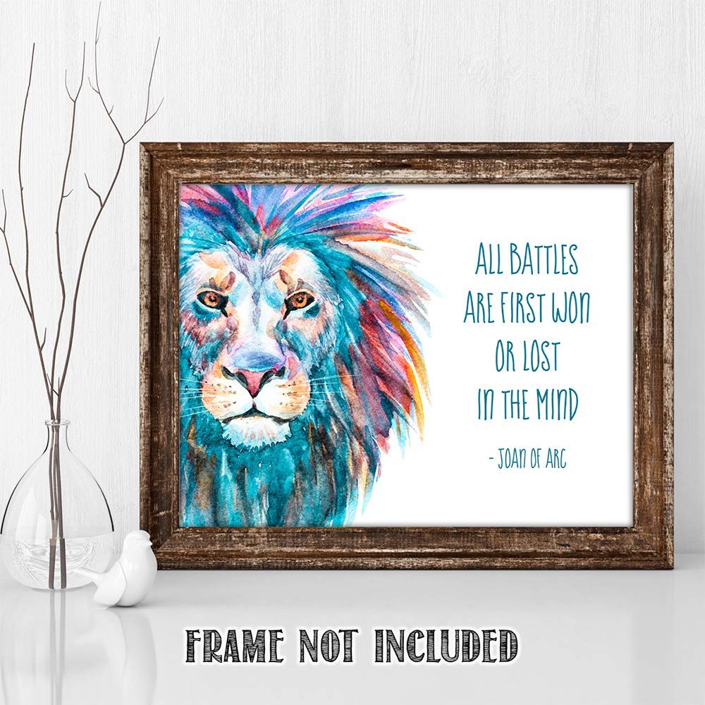 TJ Originals - 'All Battles Are First Won or Lost in the Mind' Joan of Arc Christian Bible Quote Wall Art Print - 11x14 Inspirational Scripture Decor for Home, Office & Church - Motivational Gift for Family & Friends (Brave Lion Design)