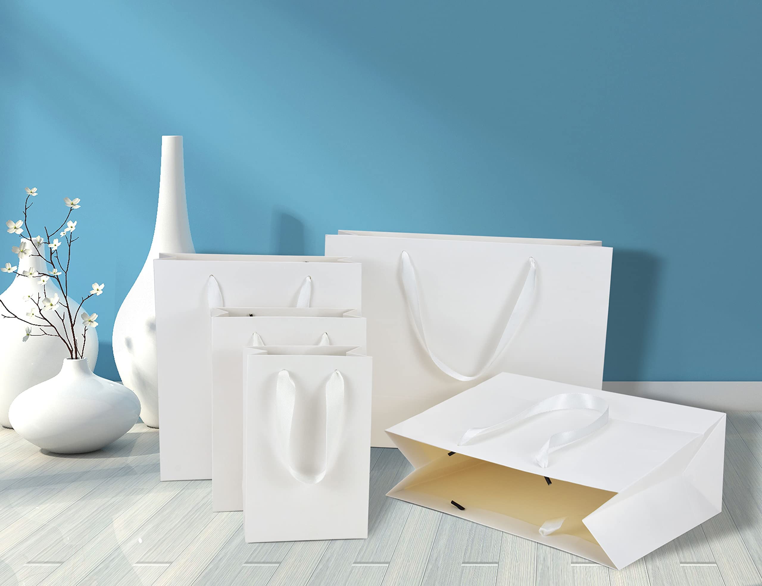HUAPRINT 20 Pack White Paper Gift Bags with Handles - 7x4x9 Inch Small Shopping Bags for Retail, Party Favors, Wedding, Merchandise & Business - Perfect for Gift Wrapping, Favor Bags & Store Packaging