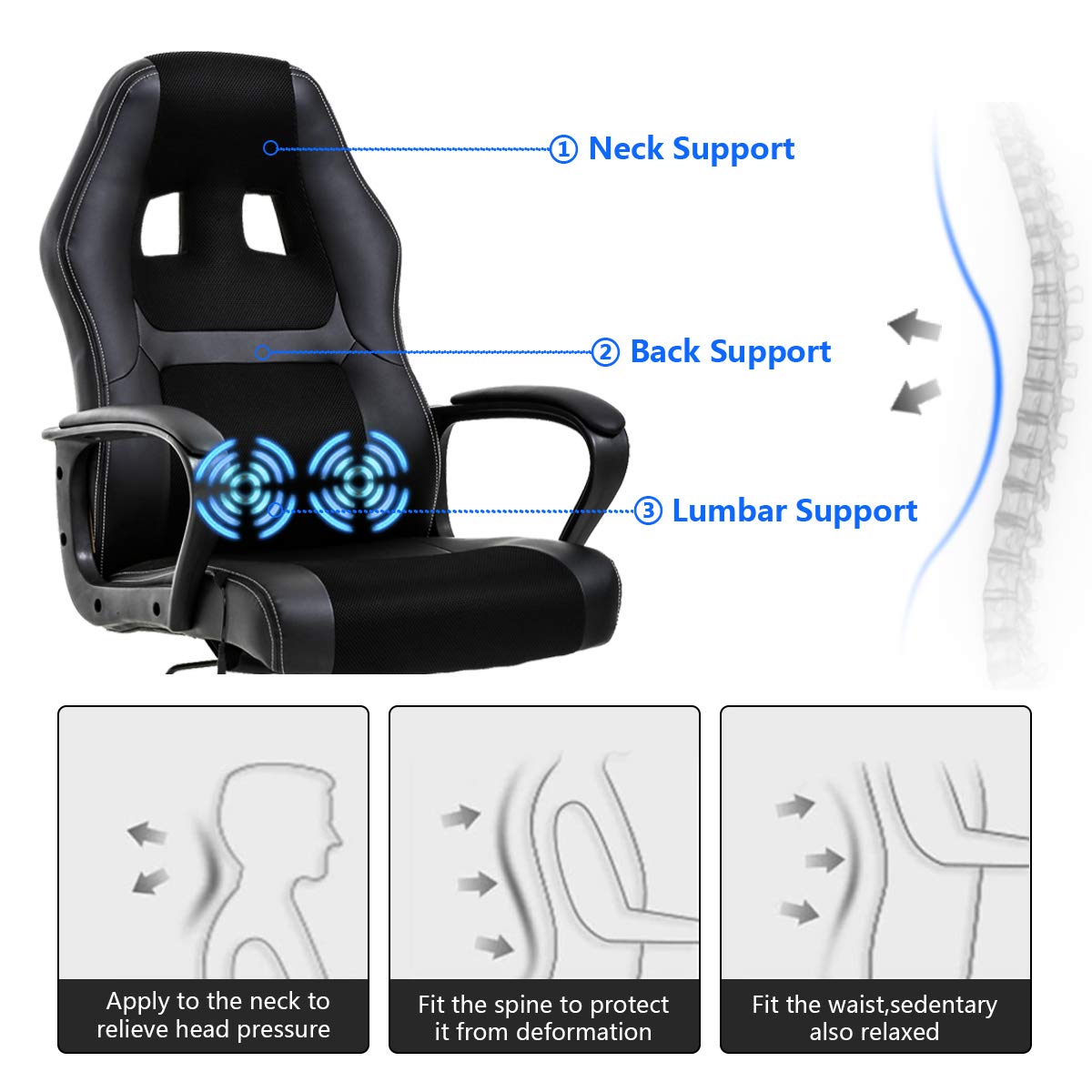 Ergonomic High Back Office Gaming Chair with Lumbar Support & Massage - PU Leather Executive Desk Chair with Adjustable Armrests & Swivel Base for Home Office, PC Gaming, and Workstation Use - Black