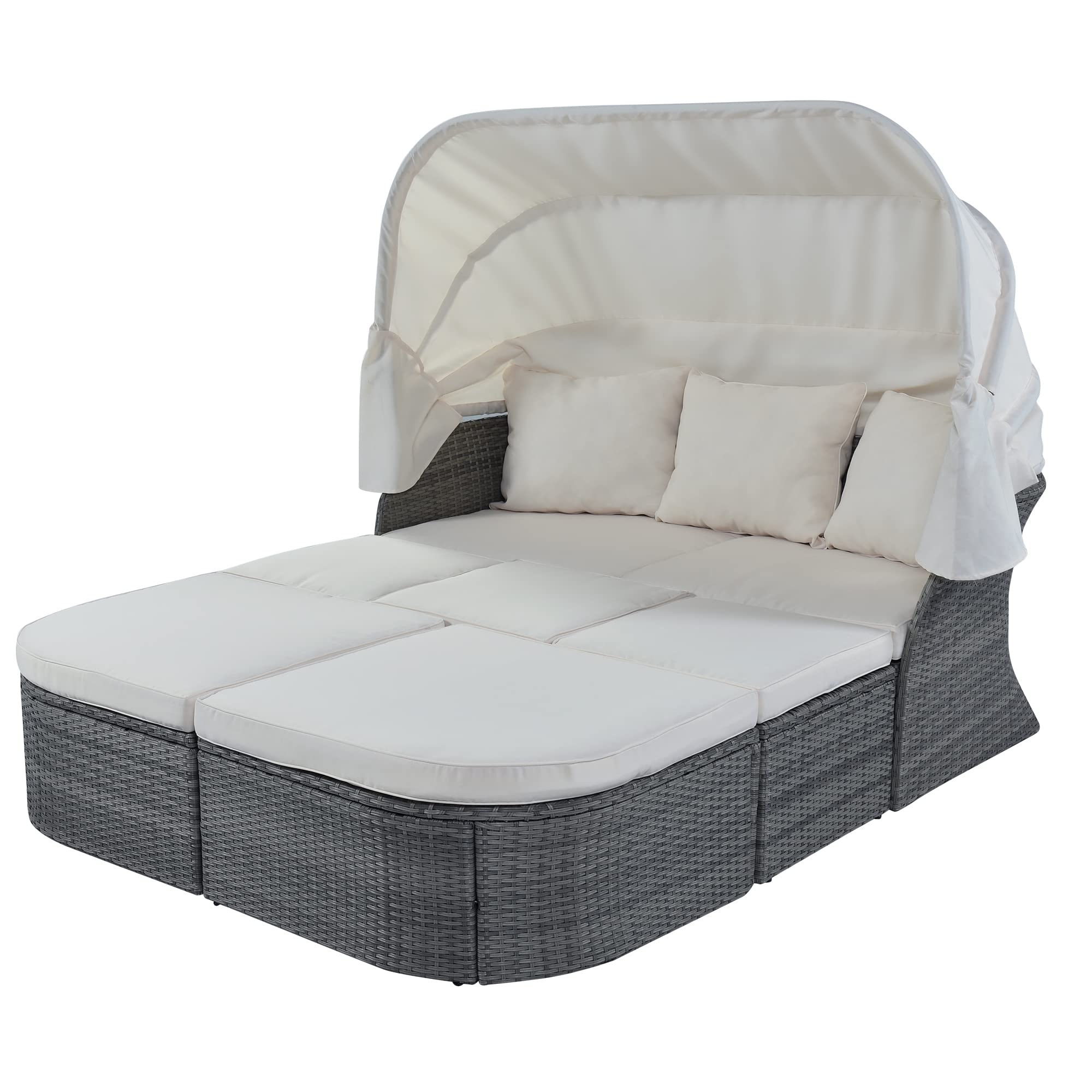 Outdoor Patio Furniture Sectional Sofa Set - UV-Resistant All-Weather Resin Wicker Daybed with Adjustable Canopy | Perfect for Backyard, Poolside & Garden Relaxation