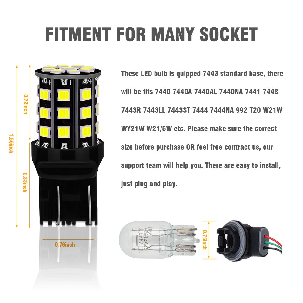 7443 7440 T20 992 7441 7444 W21W LED Bulbs - Super Bright 1000 Lumens 12-24V White Light - Replacement for Backup Reverse Lights, Tail Brake Lights, Turn Signal Lights - Perfect for Cars, Trucks, SUVs, RVs, Boats (Pack of 4)