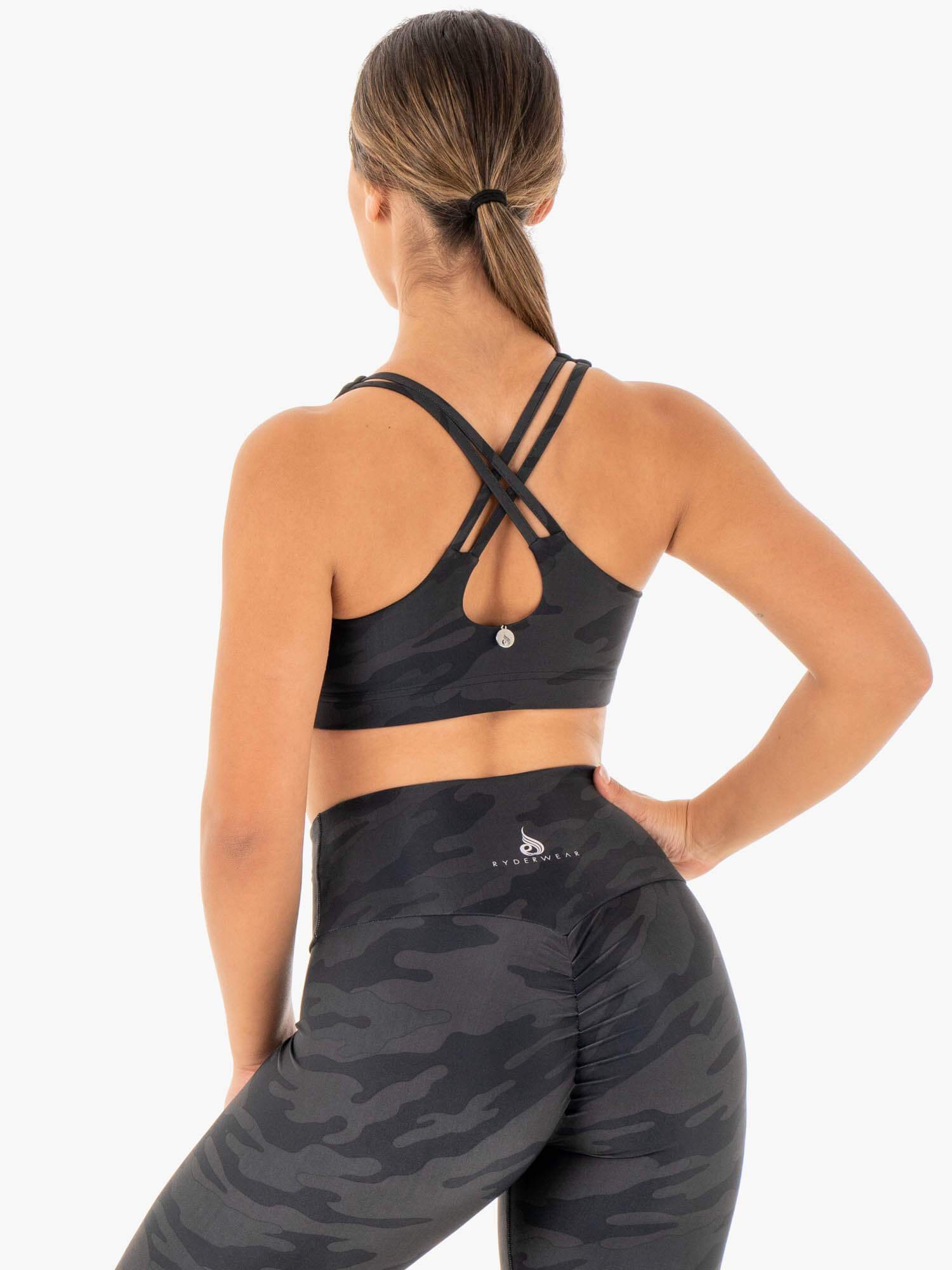 Women's Camo Sports Bra - Black Camo Pattern Workout Top for Running, Yoga & Gym - High Support & Comfort