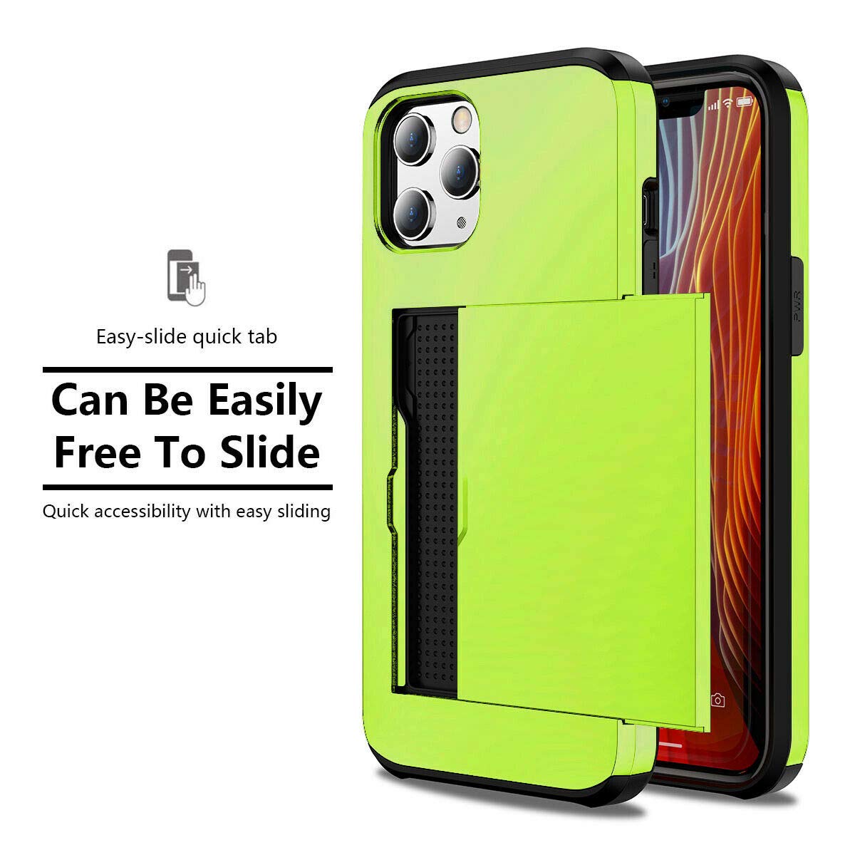Ultra-Thin Shockproof Hard Back Silicone Case with Credit Card Holder for iPhone 12 Pro Max - Dual Layer Protective Design with ID Card Slot (Neon Green) | Perfect for Daily Use, Travel & Hands-Free Convenience
