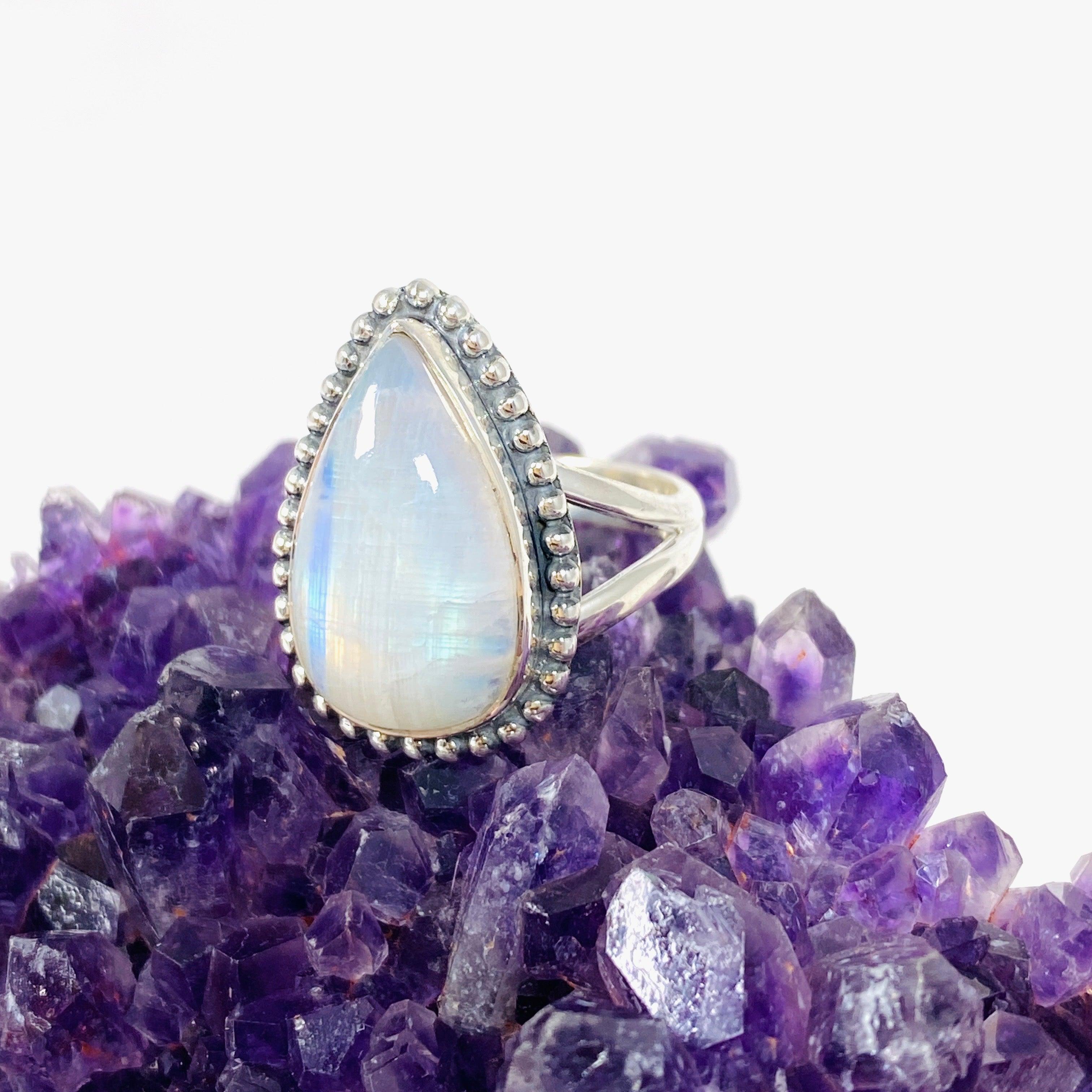 Moonstone Teardrop Ring with Sterling Silver Detailing - Elegant Dainty Jewelry for Women, Perfect for Weddings, Anniversaries & Everyday Wear | KRGJ3019