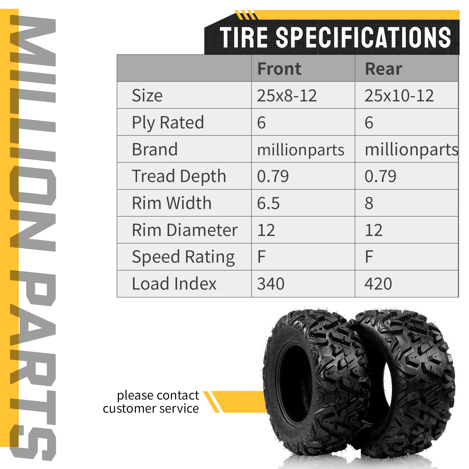 4 Pack ATV/UTV Tires 25x8-12 & 25x10-12 Front & Rear All-Terrain Tubeless Mud Tires - 6 Ply Heavy Duty for Off-Road, Trail Riding, Hunting & Farm Use