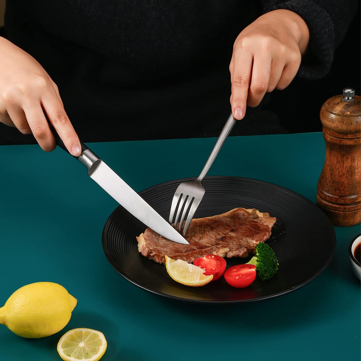 Premium 4-Piece Steak Knife Set - Black Full-Tang Triple Rivet Non-Serrated Stainless Steel Sharp Blades (5 Inches) - Ideal for Restaurants, Kitchen, Camping & Dinner Parties - Dishwasher Safe