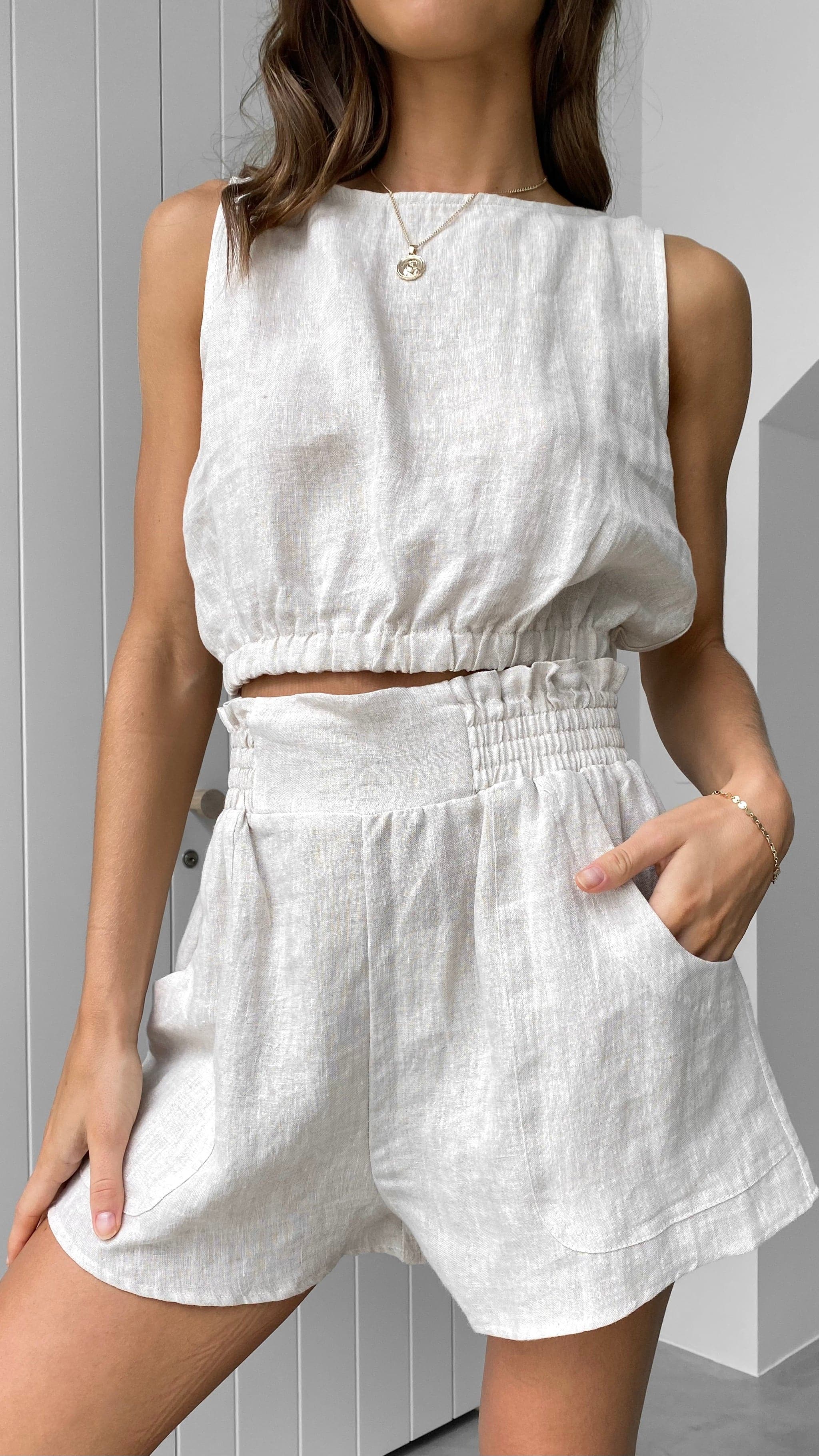 Aimee Women's Linen Blouse in Oat - Breathable Summer Tops for Casual Outings & Beach Vacations