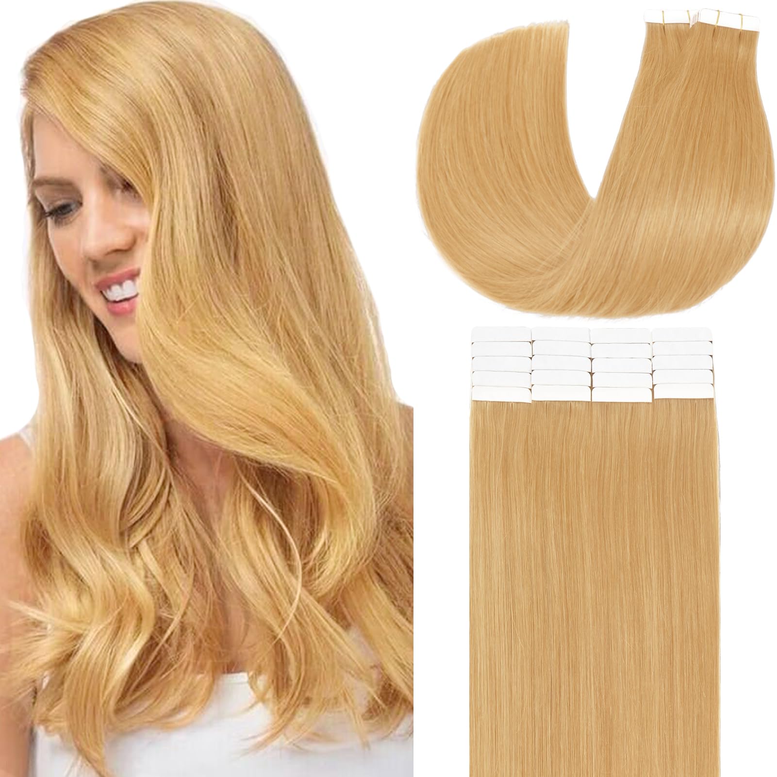 Loxxy 100% Real Virgin Human Hair Tape in Extensions - Seamless Skin Weft, Double Weft, Natural Thick Strawberry Blonde #27 (20 Pieces, 50g/Pack, 22 Inch) for Volume & Length - Perfect for Parties, Weddings & Daily Styling