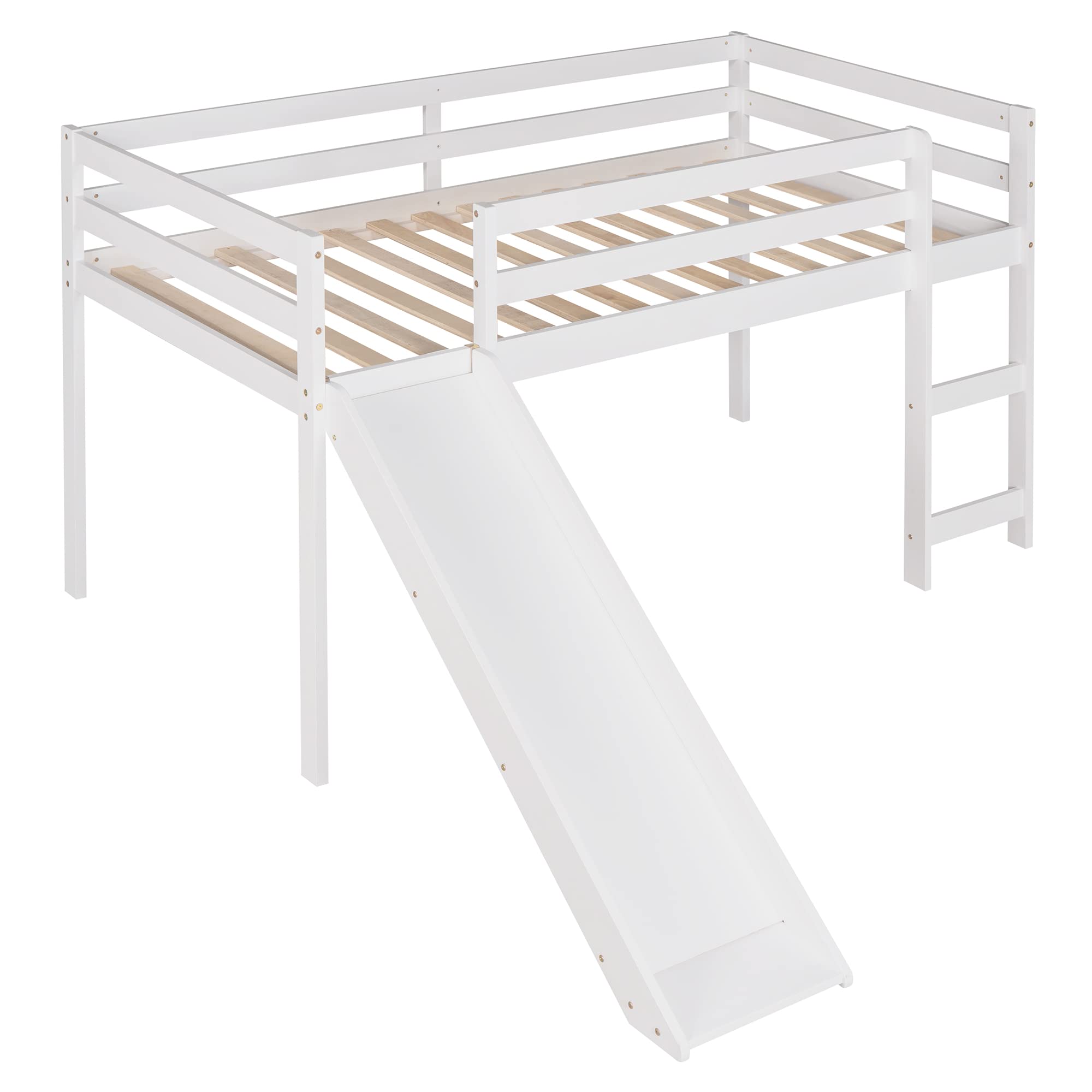 LZ LEISURE ZONE Twin Loft Bed with Slide - Sturdy Wooden Low Loft Bed Frame for Kids, Teens, Boys & Girls - No Box Spring Needed - White - Perfect for Small Bedrooms, Playrooms & Dorm Rooms