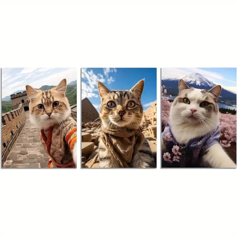3-Piece Funny Cats at Great Wall, Pyramid & Mount Fuji Metal Wall Art Prints - Ready to Hang Home Decor for Living Room, Bedroom & Office
