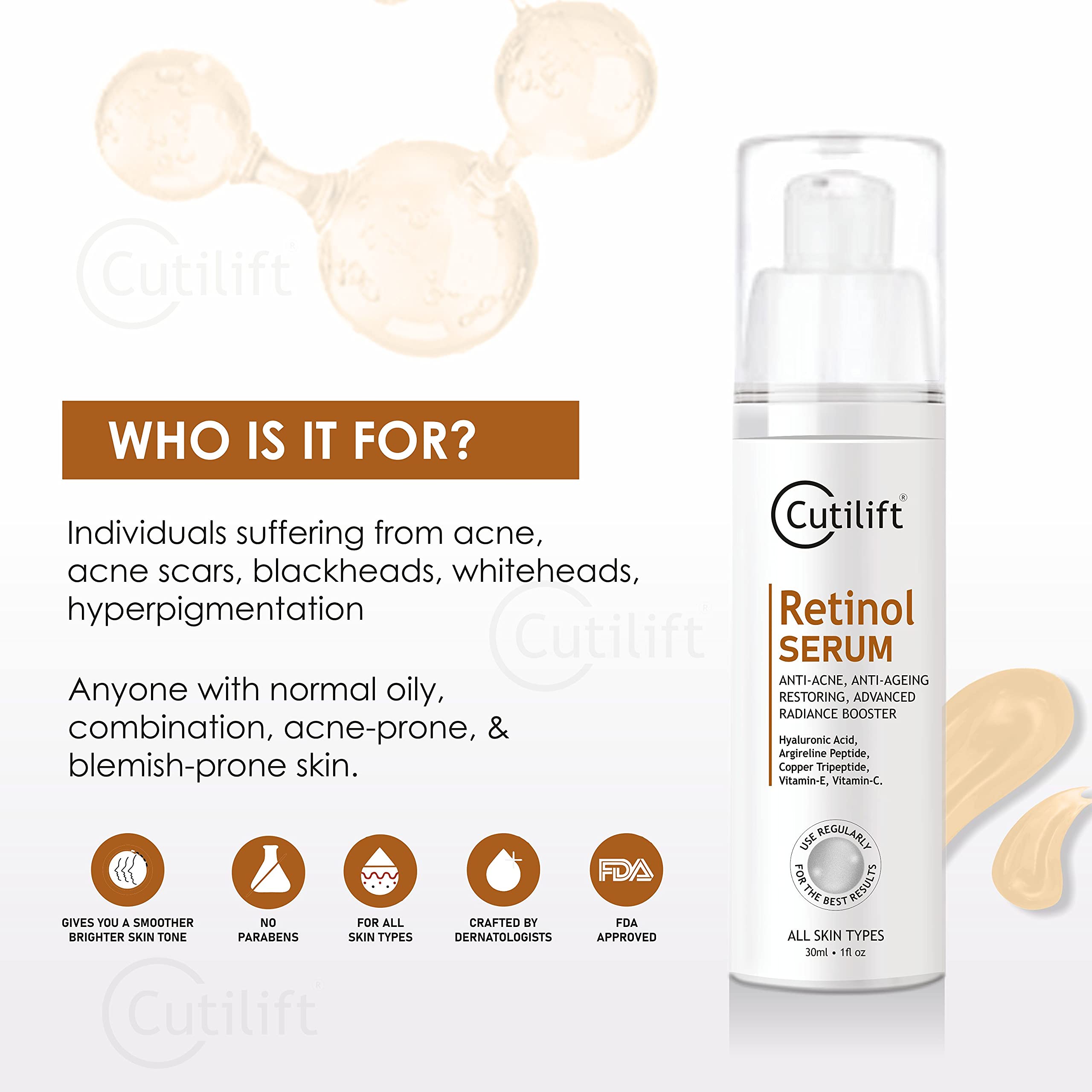 Cutilift Retinol Serum 30ml - Anti-Aging Night Face Serum for Pores & Wrinkles | Hydrating & Brightening Skincare for Women & Men | Perfect for Night Routine & Dry Skin Care