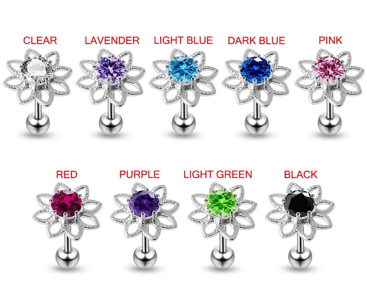 Elegant Jeweled Fancy Flowers Sterling Silver Tragus Bar - Fake Ear Plugs for Cartilage Piercing | Perfect for Parties, Concerts & Everyday Wear
