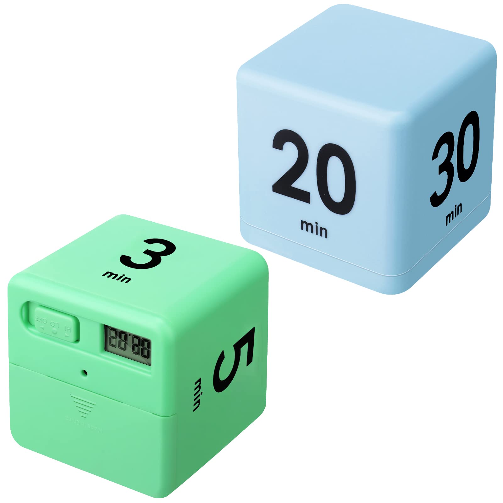2-Piece Cube Timer Set with Gravity Sensor - 1/3/5/10 & 15/20/30/60 Minute Intervals (Green & Blue) - Perfect for Kids' Workouts, Classroom Activities, and Family Game Time Management