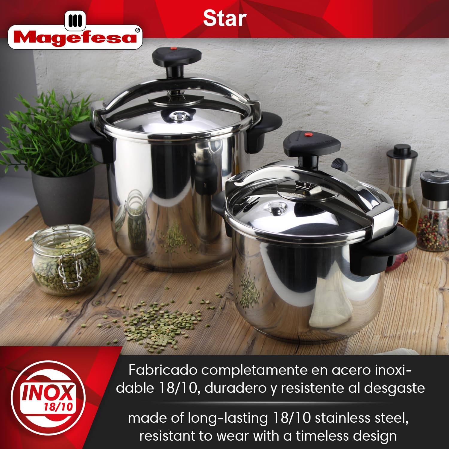 MAGEFESA Star Pressure Cooker 8.4 Quart - 18/10 Stainless Steel Induction Compatible for All Stovetops - Safety Lock & 8 PSI Cooking - Perfect for Fast Meals, Soups, Stews & Family Dinners