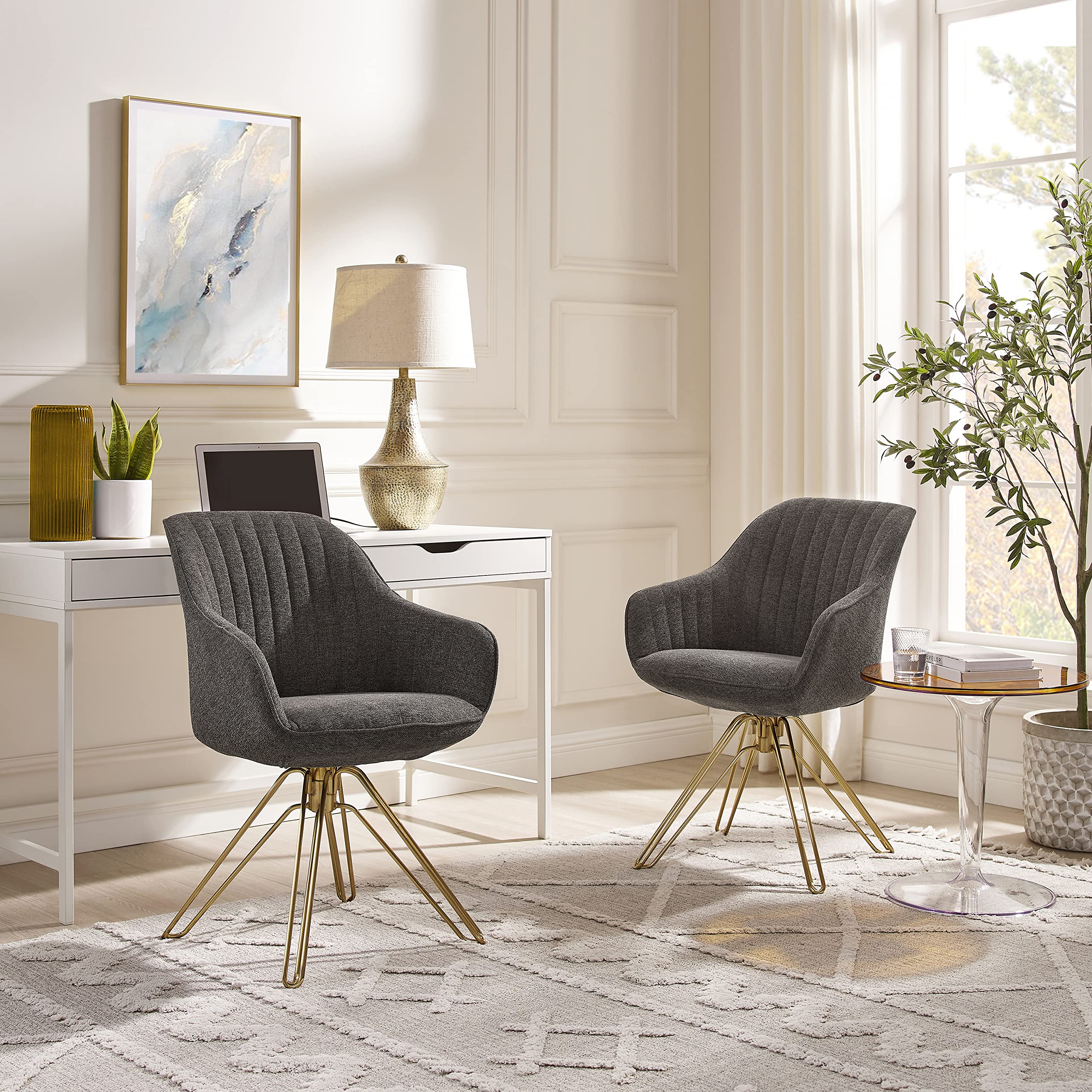 Volans Mid Century Modern Swivel Accent Arm Chair - Set of 2 Upholstered Desk Chairs with Gold Legs, Wheelless Design for Home Office - Perfect for Reading Nooks, Conference Rooms & Cozy Workspaces
