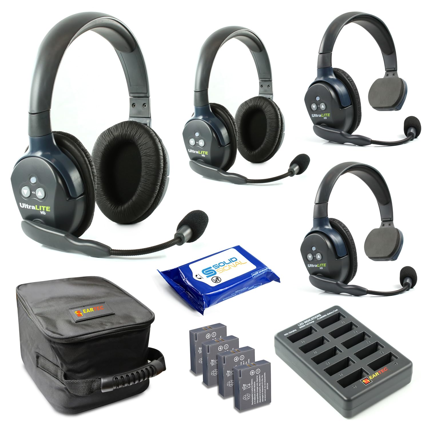 Eartec UL422 Ultralite Full Duplex Wireless Headset System - 4 User Communication Headset (2 Single Ear & 2 Dual Ear) with SolidSignal Cleaning Wipes - Perfect for Construction, Warehouse, Security & Event Teams