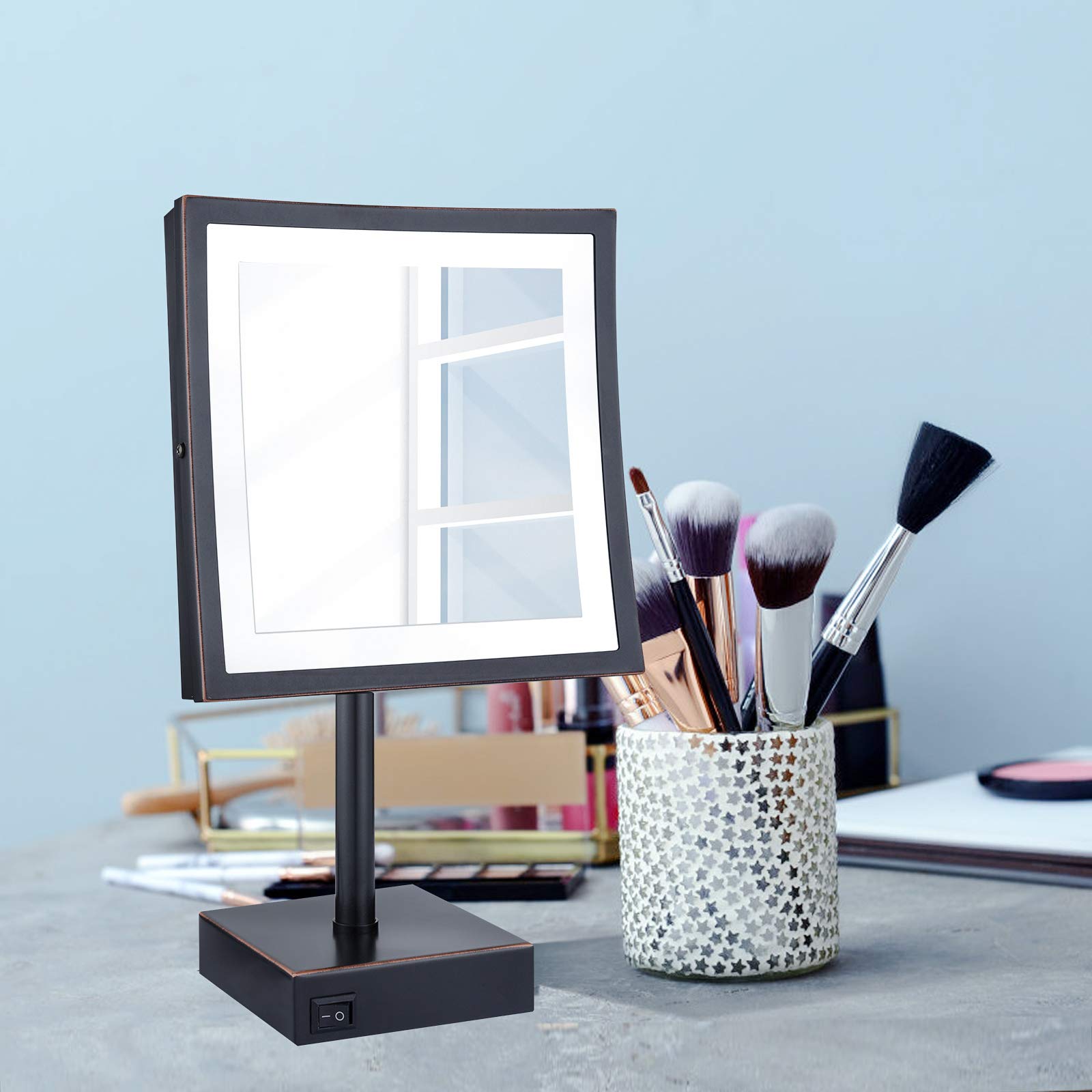 DOWRY 8 Inch LED Lighted 3X Magnifying Makeup Mirror with Plug - Square Vanity Mirror with Polished Oil Rubbed Bronze Finish (Model Dowry2205D-8x3) - Perfect for Makeup Application, Skincare Routine, and Detailed Beauty Grooming