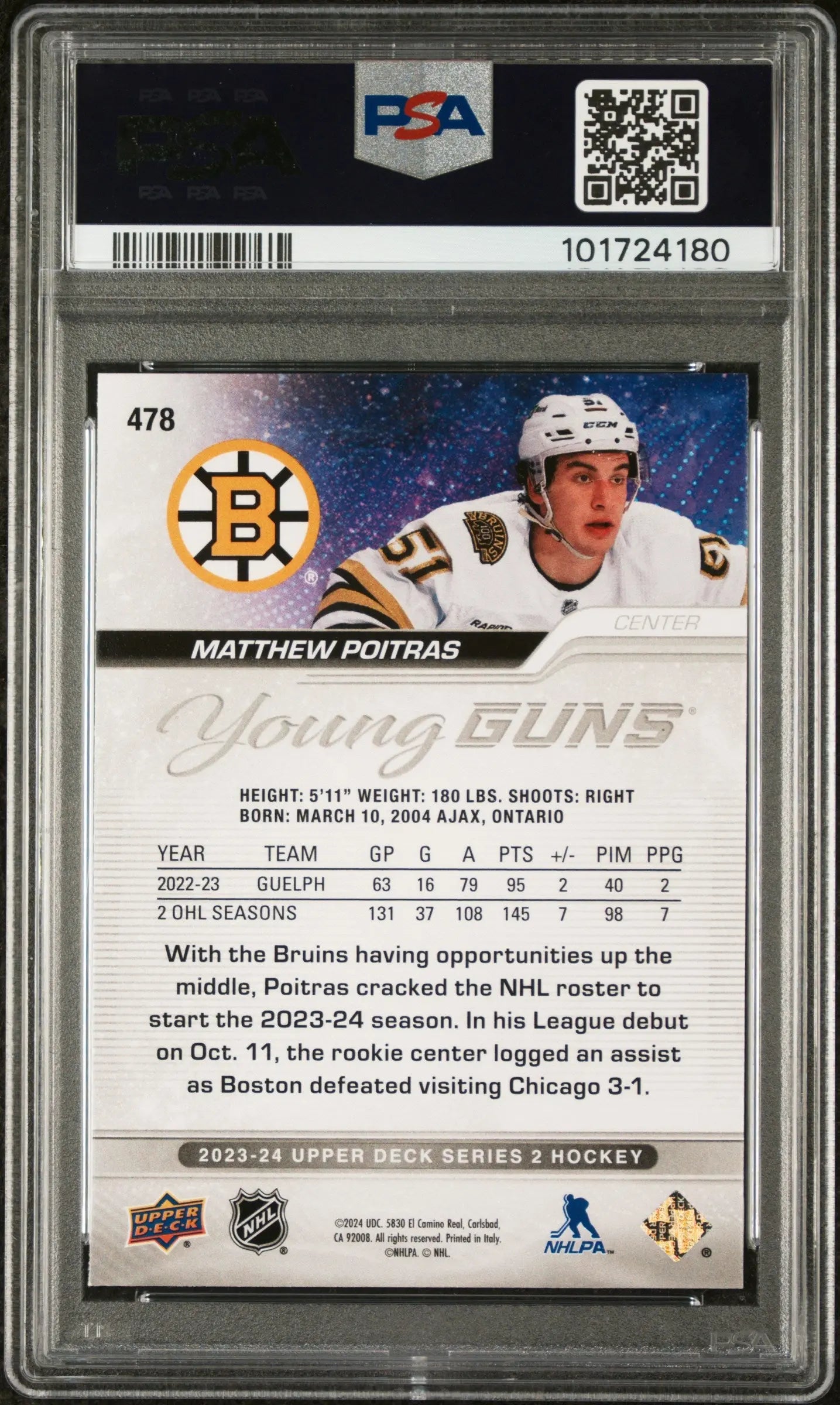 2023-24 Upper Deck Series 2 Hockey Matthew Poitras Young Guns Rookie Card PSA 9 Mint Condition - Perfect for Collectors, Investors & Hockey Fans