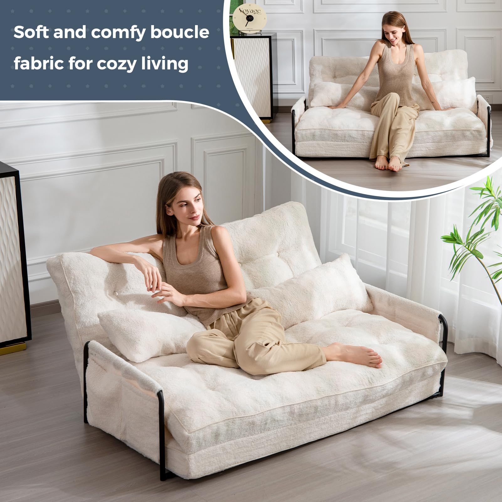 MAXYOYO Adjustable Floor Sofa Couch with 2 Pillows - Boucle Convertible Lazy Sofa Sleeper Bed with Armrest - Double Size Beige Fabric - Perfect for Small Spaces, Living Rooms & Guest Beds