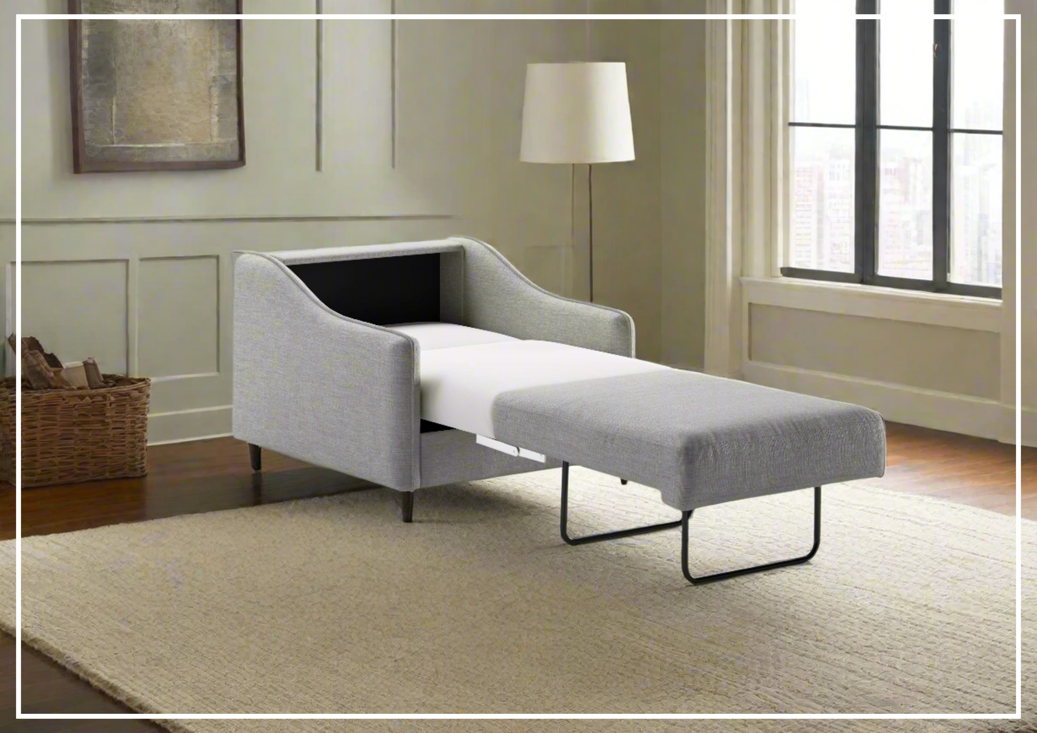 Luonto Ethos Fabric Chair Cot Sleeper Sofa with Wood or Chrome Legs - Convertible 3-in-1 Furniture for Living Room, Guest Room & Small Space