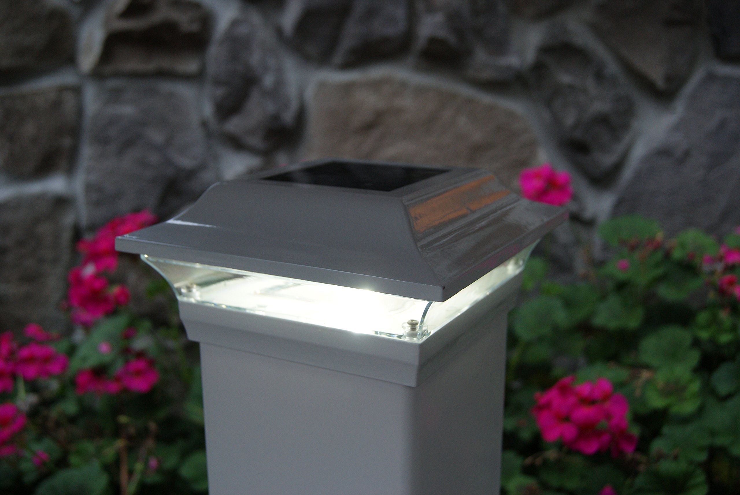 Solar Powered Imperial Post Caps for 5x5 Fence Post - Set of 2 (White & Clear) - Weatherproof Outdoor Lighting for Deck, Garden & Patio