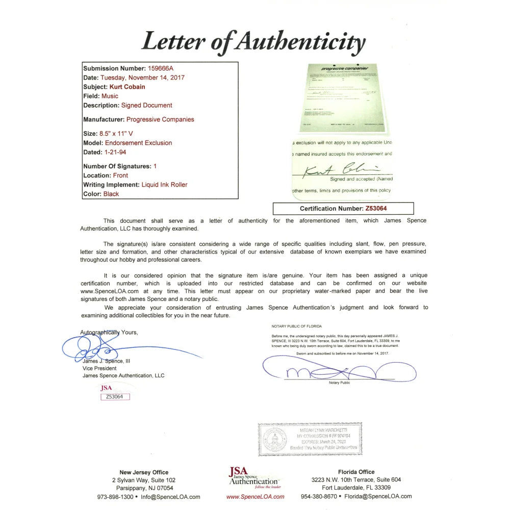 Authentic Kurt Cobain Hand Signed Car Insurance Policy Letter - Framed with JSA COA - Rare Nirvana Memorabilia for Collectors & Music Fans - Perfect for Display in Home, Office, or Music Room Decor