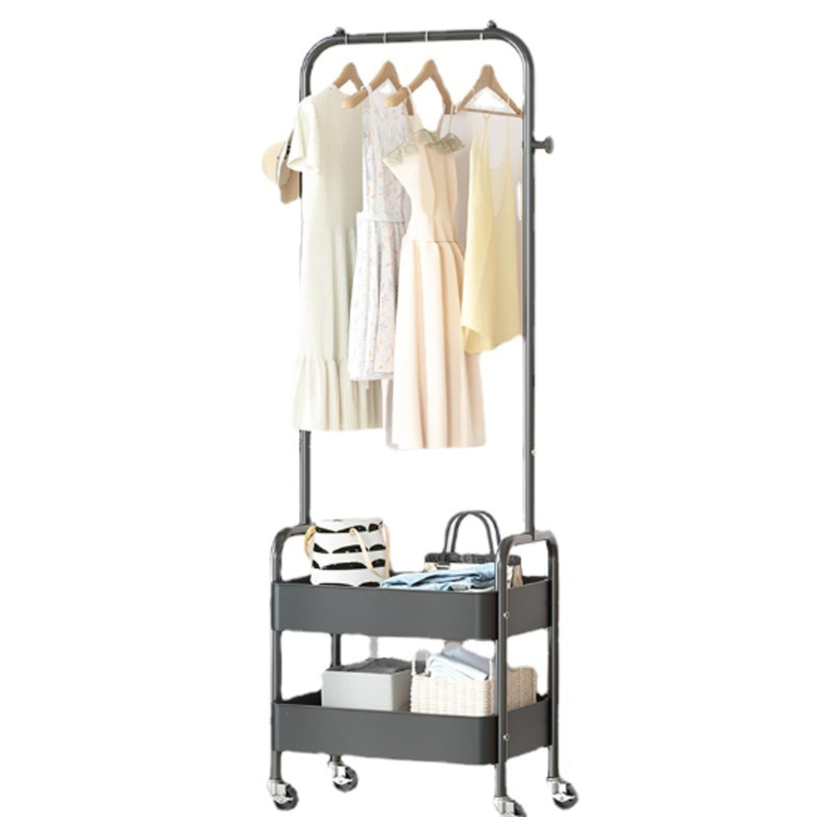 Modern 2-Tier Metal Garment Rack with Wheels - Heavy Duty Clothing Stand for Home, Wedding & Retail Stores - Black Dress Display Hanger with Storage Basket - Perfect for Bedroom Closet, Boutique Shop & Event Venues