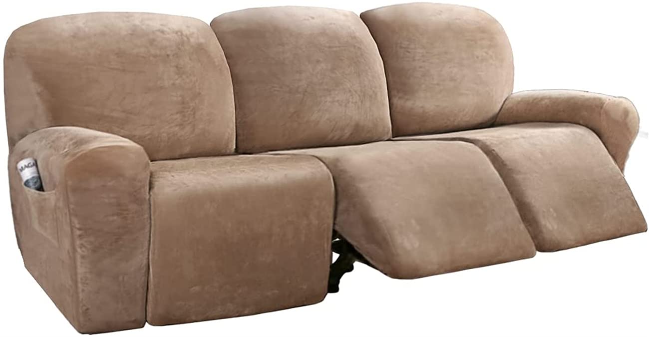 CHEWYNP 8-Piece Velvet Stretch Recliner Sofa Cover Set - Soft Washable Slipcover for 3-Cushion Reclining Couches - Thick Durable Furniture Protector in Camel Brown - Perfect for Living Room, Home Theater & Pet-Friendly Spaces