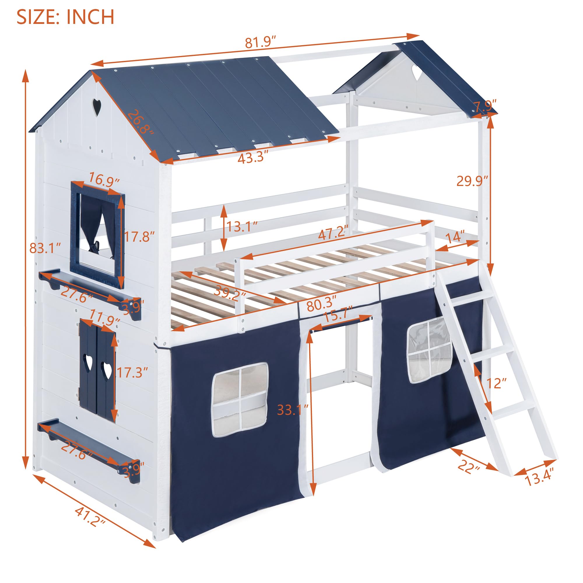 Harper & Bright Designs Twin Over Twin Wooden Bunk Bed with Elegant Windows, Sills & Tent - Blue & White House Bed for Kids' Room, Sleepovers & Space-Saving Bedroom Solutions
