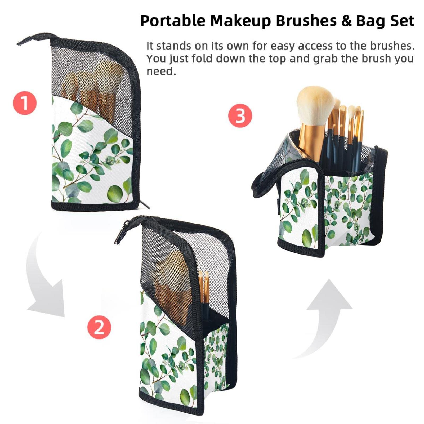Premium 12-Piece Makeup Brush Organizer Bag with Branch Green Leaf Design - Portable Cosmetic Brush Holder Case for Travel & Professional Makeup Artists (Ideal for Home, Salon & On-The-Go Use)
