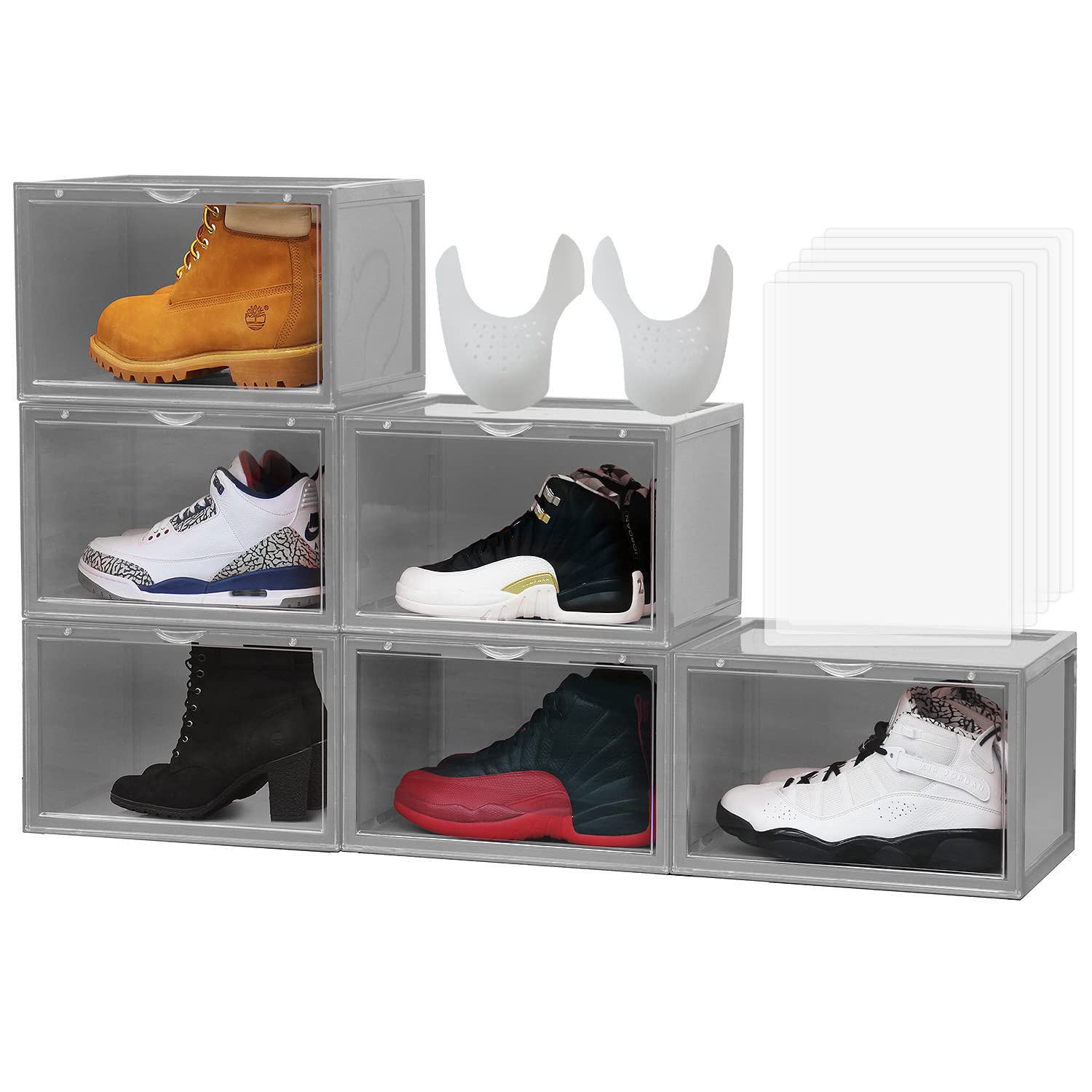 Letusto Premium Clear Plastic Shoe Storage Boxes - 6 Pack Stackable Sneaker Display Cases with Lids, Gray | Includes 6 Hygiene Pads & Shapers | Perfect for Closet Organization, Sneaker Collection Display & Shoe Protection