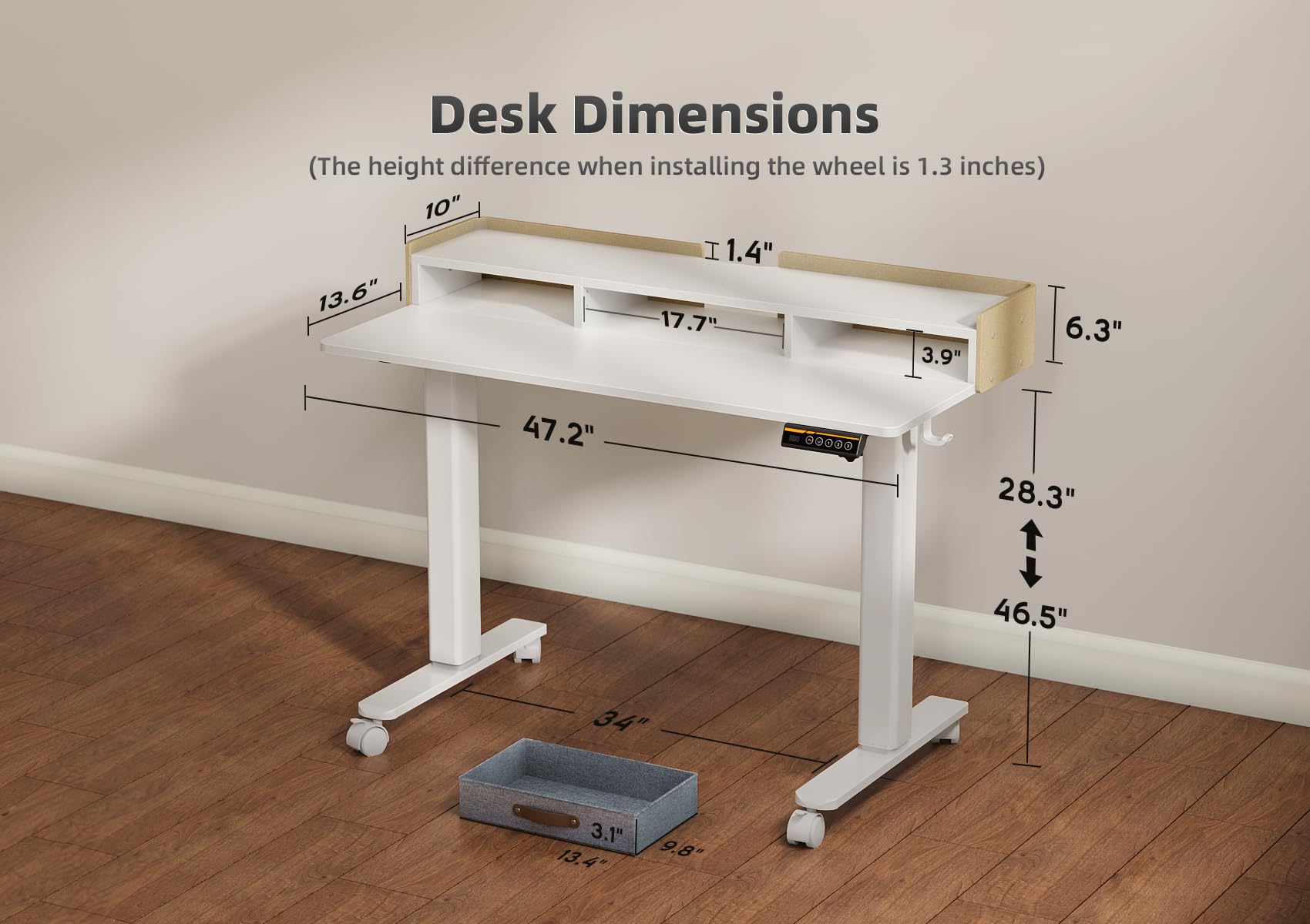 YDN 48 Inch Electric Standing Desk with Drawers and Storage Shelf - Adjustable Height Sit Stand Desk for Home Office, White | Ergonomic Workspace Solution for Small Spaces & Remote Work