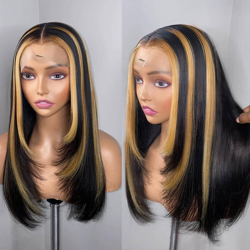 Eullair Layered Cut Honey Blonde Skunk Stripe 4x4 5x5 Lace Closure Highlight Straight Human Hair Wigs - Pre Cut & Colored for Daily Wear, Parties & Cosplay