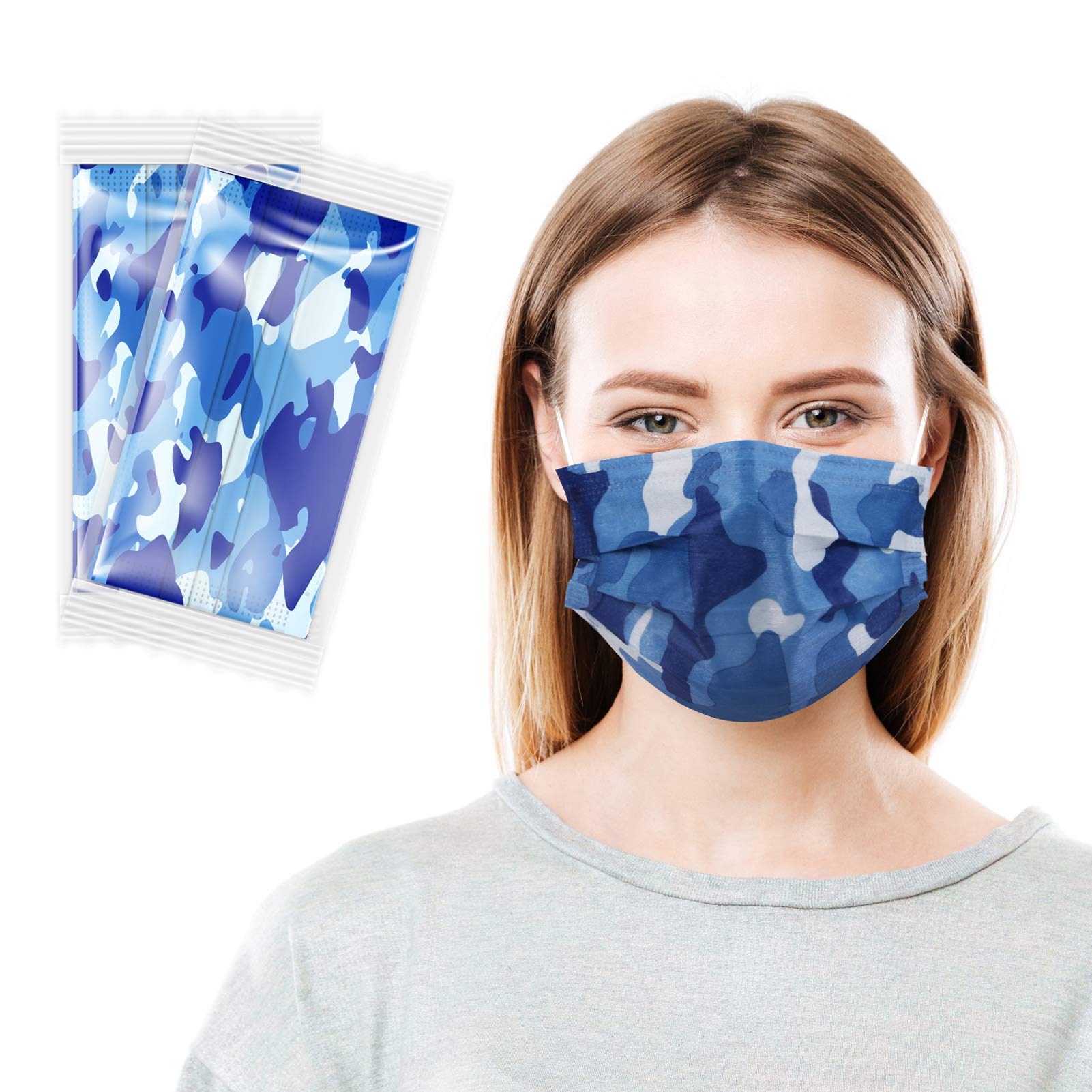 Disposable Face Masks Individually Wrapped - 3-Ply Breathable Camo Blue Face Cover with Soft Elastic Ear Loops for Men & Women - 20 Pack - Perfect for Indoor, Outdoor, Travel, Work and School Activities
