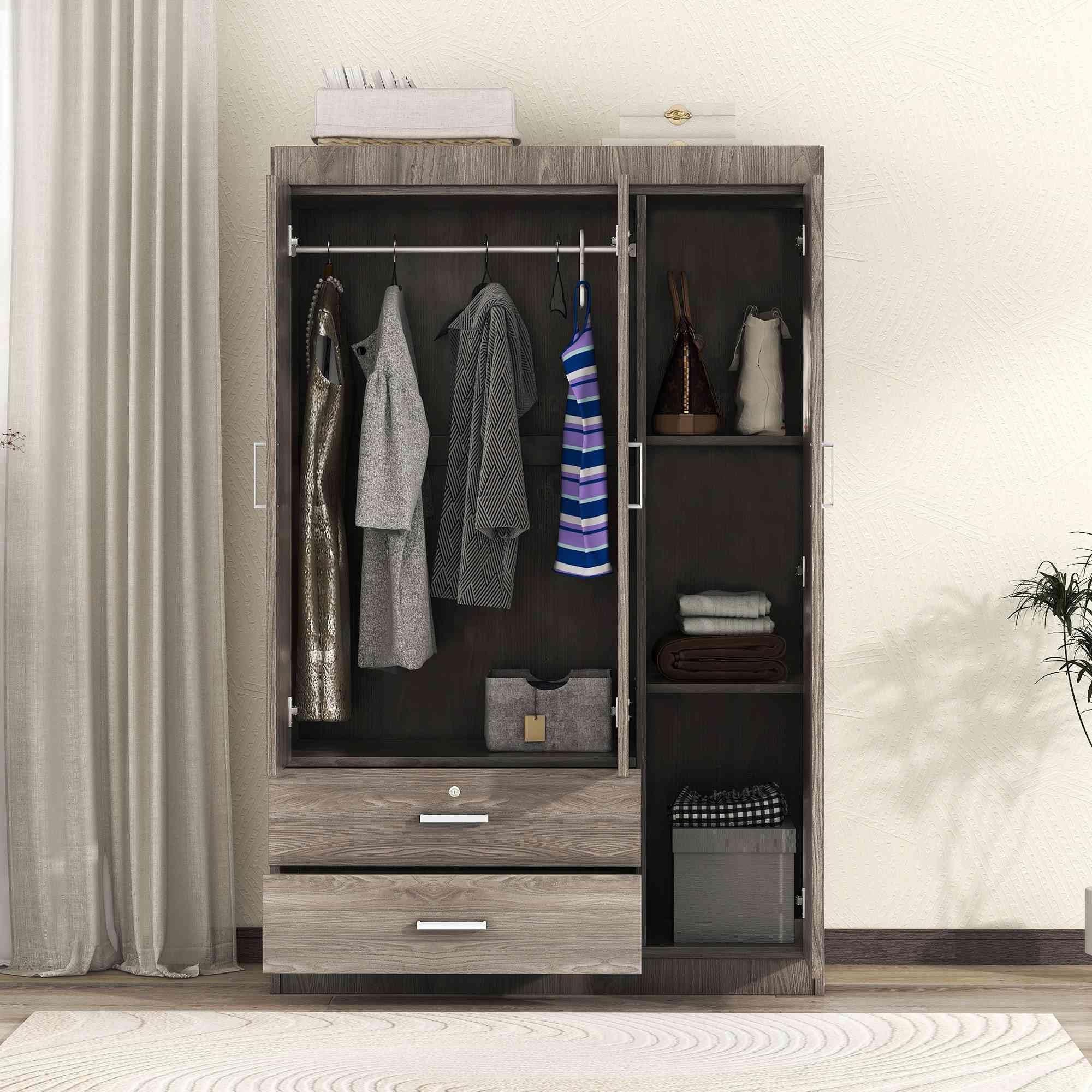 ATY Wooden 3-Door Wardrobe Closet with 2 Drawers & Shelves, Freestanding Clothes Storage Cabinet with Hanging Rail - Gray Armoire Organizer for Bedroom, Closet, Dorm Room & Home Office Storage Solution