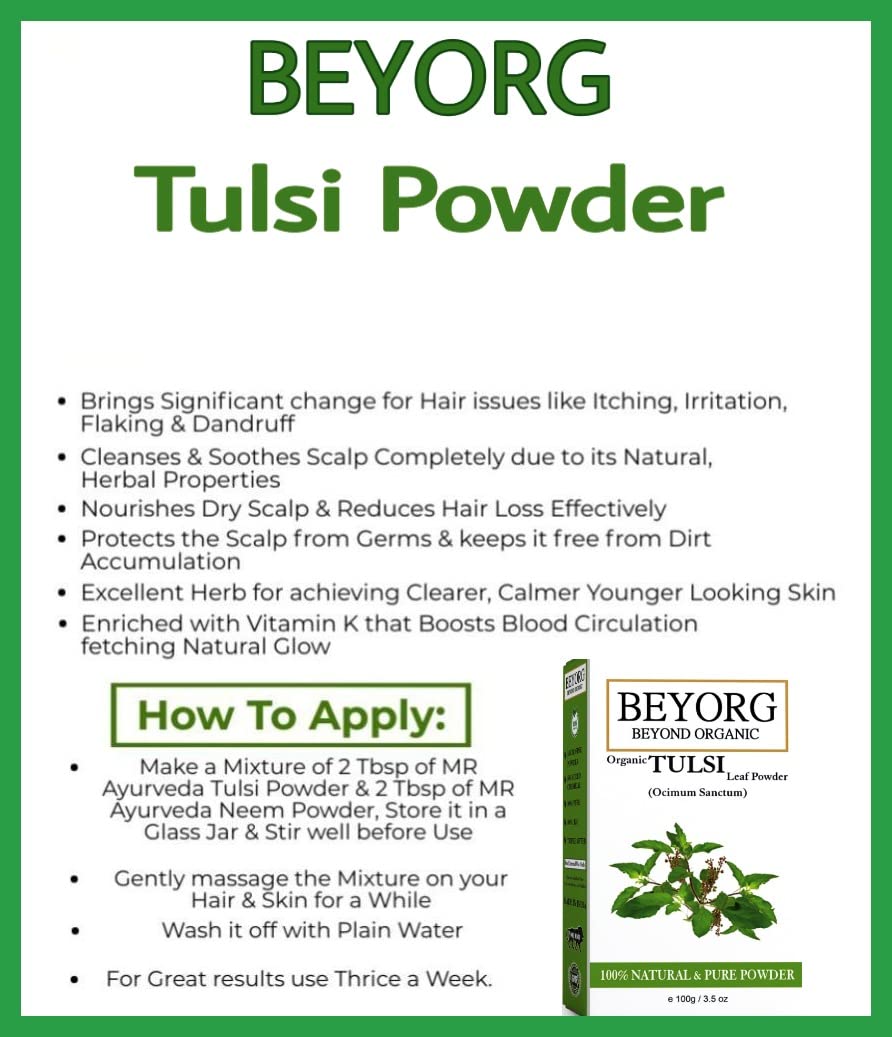 BEYORG 100% Pure Organic Tulsi Leaves Powder for Hair Growth & Rose Petal Powder for Skin Whitening - 200g | Natural Ayurvedic Beauty Treatment for Glowing Skin & Healthy Hair Care