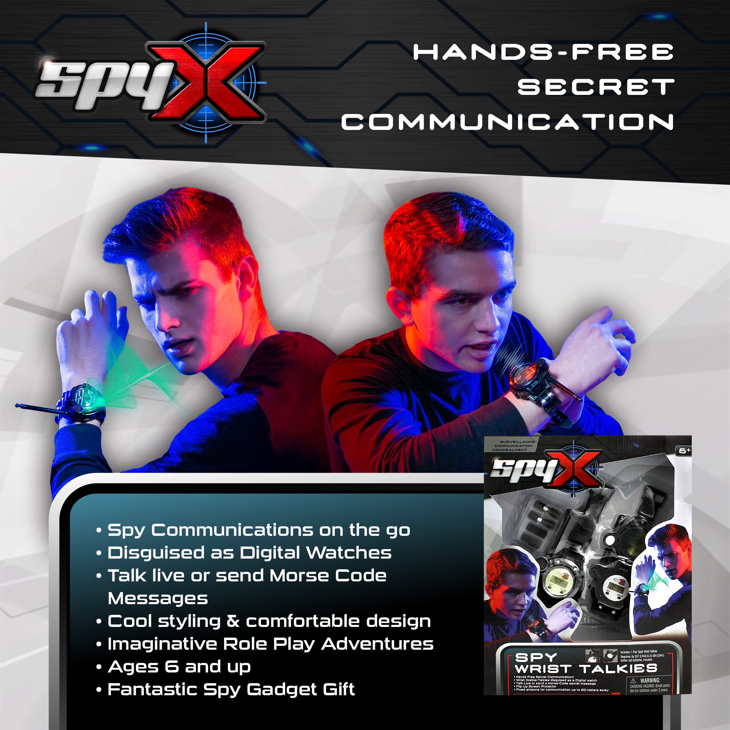 SpyX Spy Wrist Talkies - 8-in-1 Multifunctional Kids Walkie Talkie Watch | Hands-Free Two-Way Radio Spy Gadget for Junior Secret Agents & Ninja Spies | Perfect for Outdoor Adventures, Birthday Parties & Role Play Games (2-Pack)