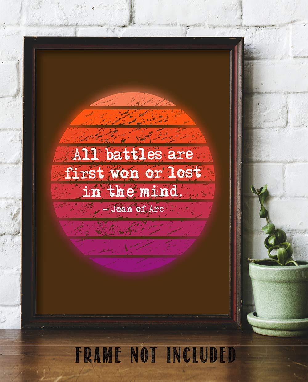 TJ Originals - 'All Battles Are First Won or Lost in the Mind' Joan of Arc Bible Quote Wall Art - 11x14 Inspirational Christian Decor Print - Perfect Gift for Home, Office & Church (Retro Sun Design)