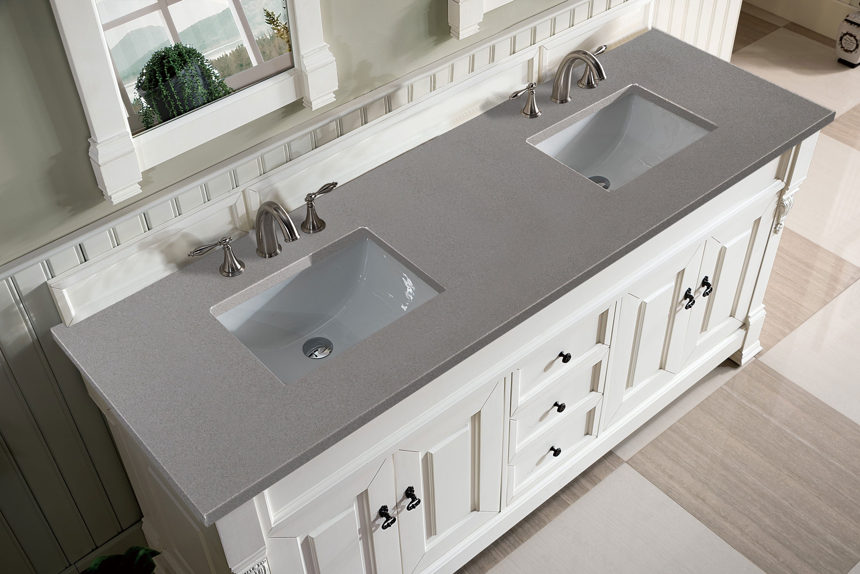 Brookfield 72-Inch Double Bathroom Vanity Set with Bright White Cabinets & 3CM Gray Expo Quartz Countertop – Perfect for Master Bathrooms, Guest Suites & Modern Home Renovations
