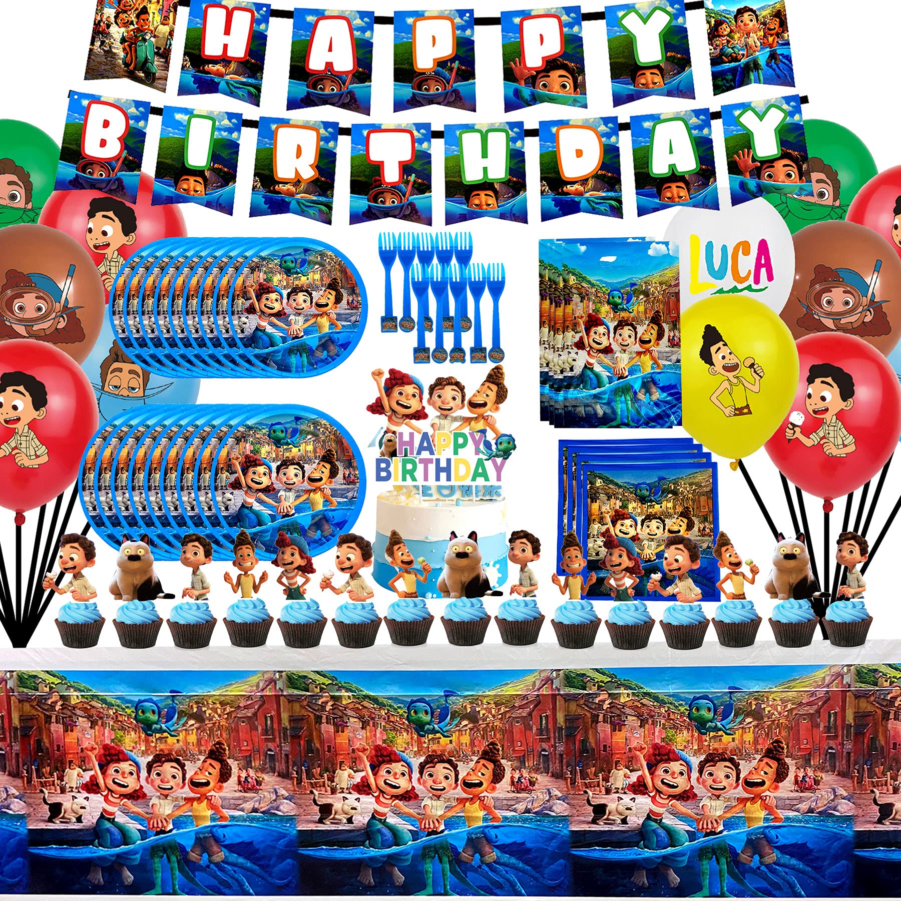 Luca Birthday Party Supplies Set - 50-Piece Tableware Kit with Balloons, Banner, Plates, Forks, Cake Topper, Cupcake Toppers, Napkins, Gift Bags & Table Cover - Perfect for Kids Birthday Party Decorations & Favors - Ideal for Themed Parties, Baby Showers & Family Celebrations