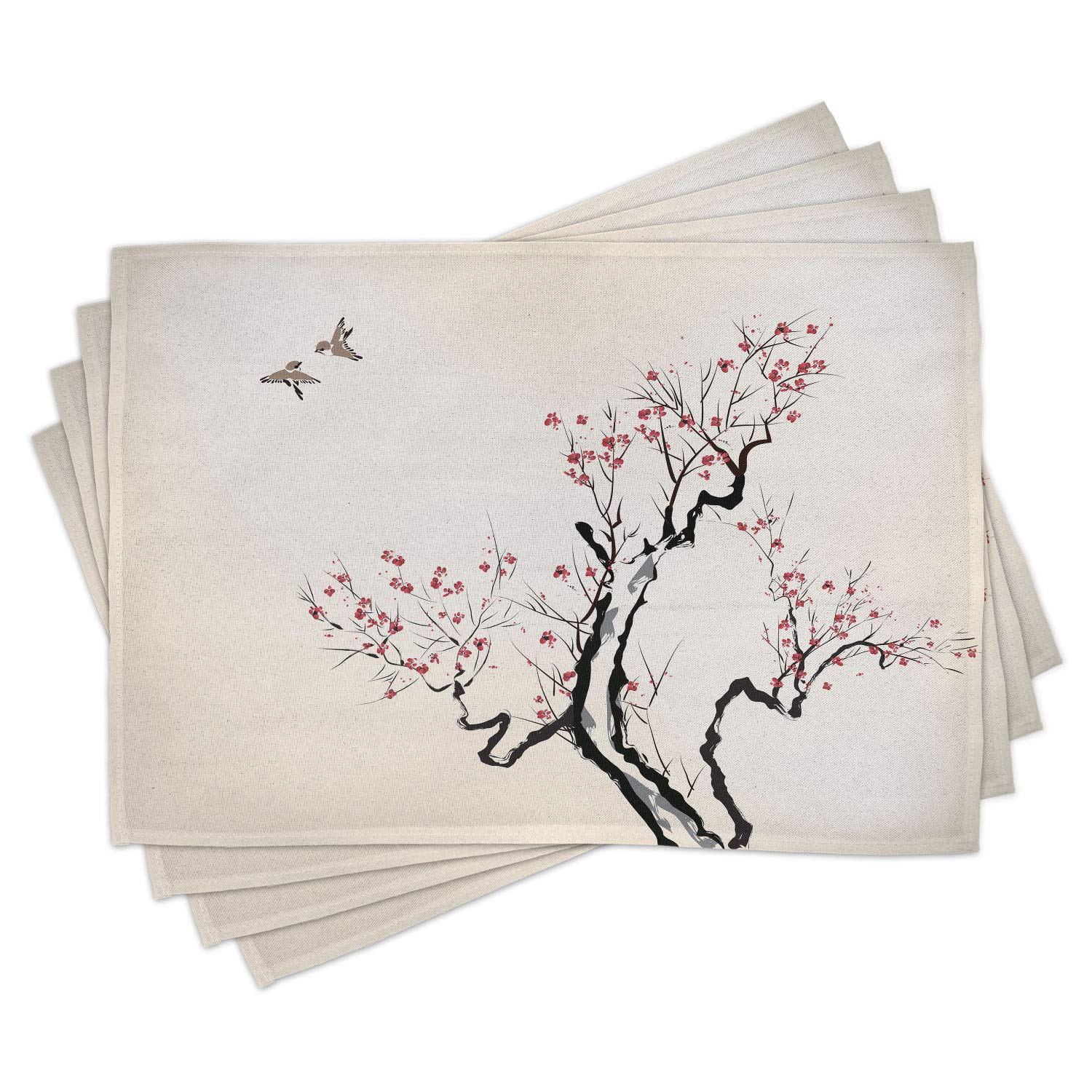 Ambesonne Floral Place Mats Set of 4 - Classic Paint Style Artwork with Flower Branches, Blossom & Flying Birds Pattern - Washable Fabric Table Mats for Dining Room & Kitchen Decor in Grey White - Perfect for Dinner Parties, Holiday Gatherings & Everyday Meals