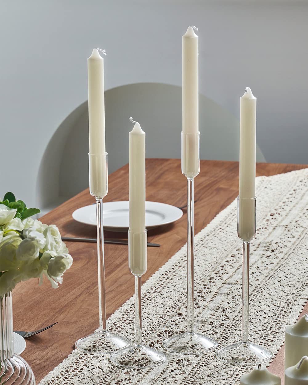 Glass Taper Candle Holders Set of 4 - Clear Tall Candlesticks with Different Heights for Wedding Centerpieces, Party Decor, Table Setting & Home Decoration