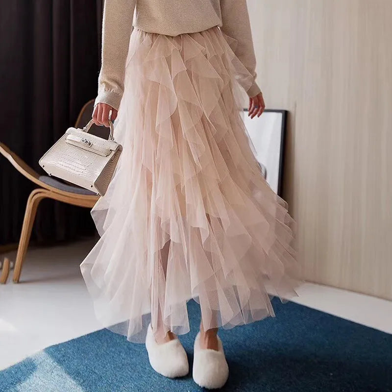 Women's Asymmetrical Mesh Skirt - High Waist Ankle Length Korean Fashion Skirt for Elegant Outfits | Perfect for Casual Wear, Office Attire & Special Occasions