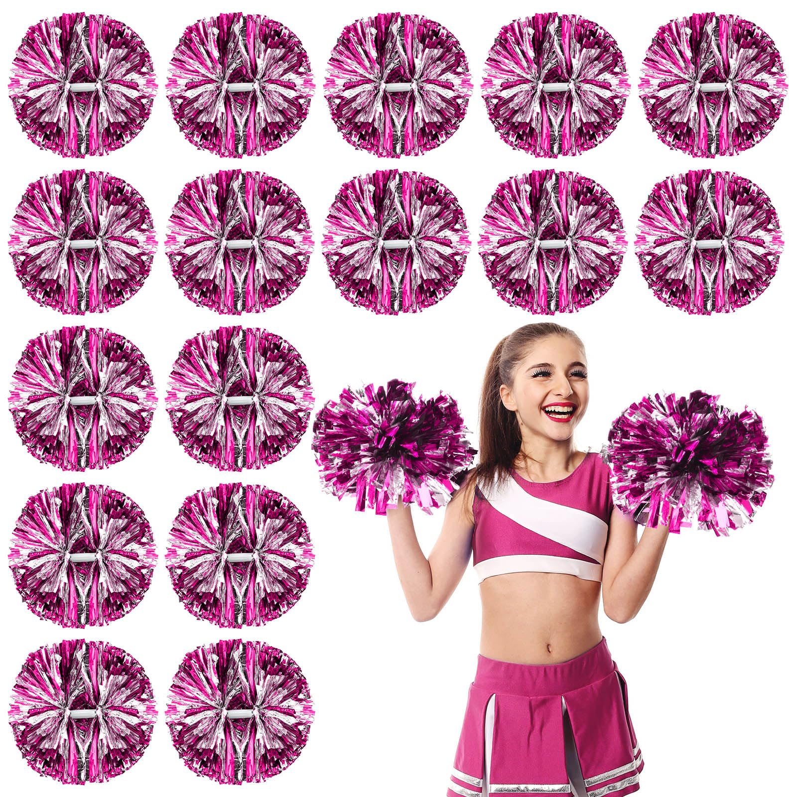 50 Pack Cheerleading Pom Poms with Handle - Bulk Metallic Foil Plastic Cheer Poms for Dance, Sports, Team Spirit, Stage Performances & Carnival Celebrations (Rose Red & Silver) - Perfect for Cheerleading Squads, Pep Rallies, School Events & Parades