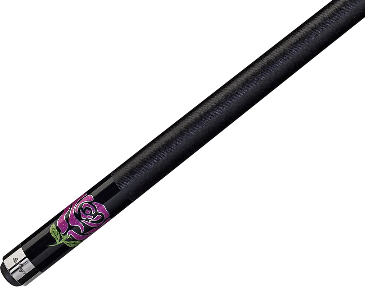 Premium F-2770 Midnight Black Pool Cue with Fuchsia Glitter Rose & Metallic Flames Design - Professional Billiards Accessory for Tournaments & Home Game Rooms