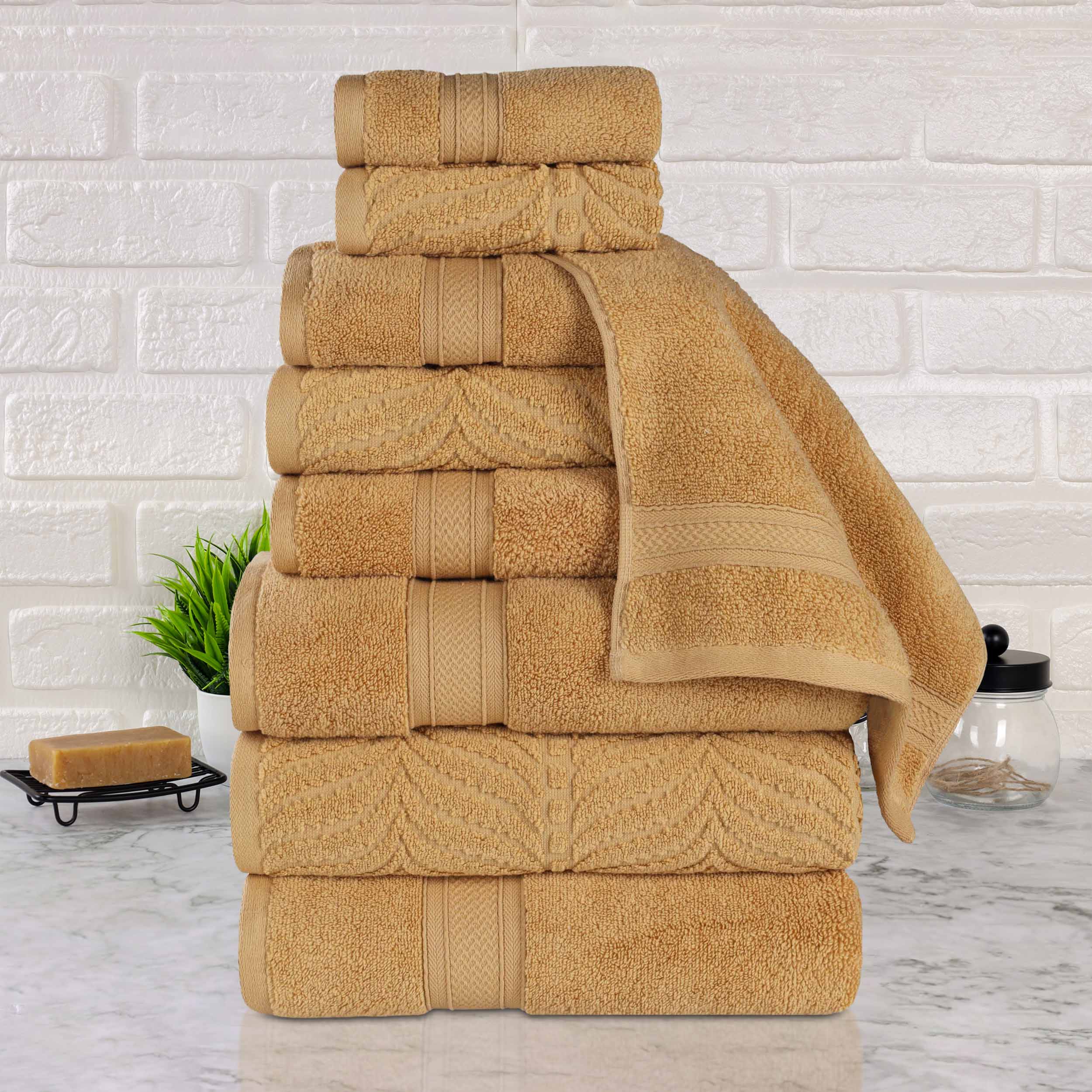Premium 9-Piece Zero Twist Cotton Towel Set - Solid & Jacquard Elegant Chevron Design for Bath, Spa, and Luxury Home Decor