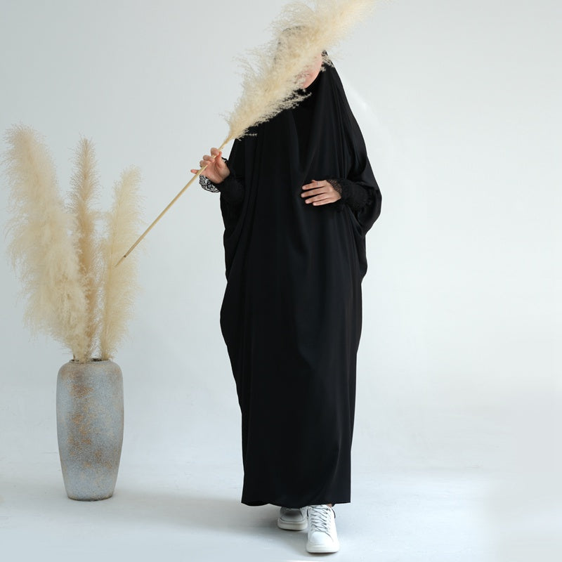 Elegant Satin Lace Cuffs Overhead Jilbab Abaya Prayer Dress for Women - Modest Islamic Clothing for Prayer, Mosque & Special Occasions