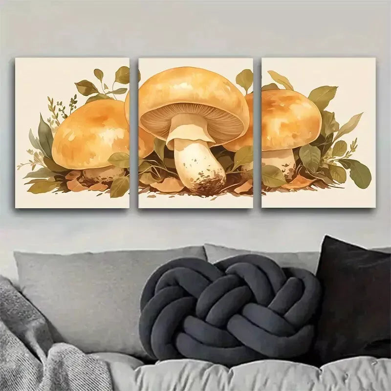 3-Piece Vibrant Orange Yellow Mushroom Wall Art Set with Leaves - Framed Canvas 50x70cm - High Quality Print - 100% Australian Made - Ready to Hang - Perfect for Living Room, Bedroom & Office Decor