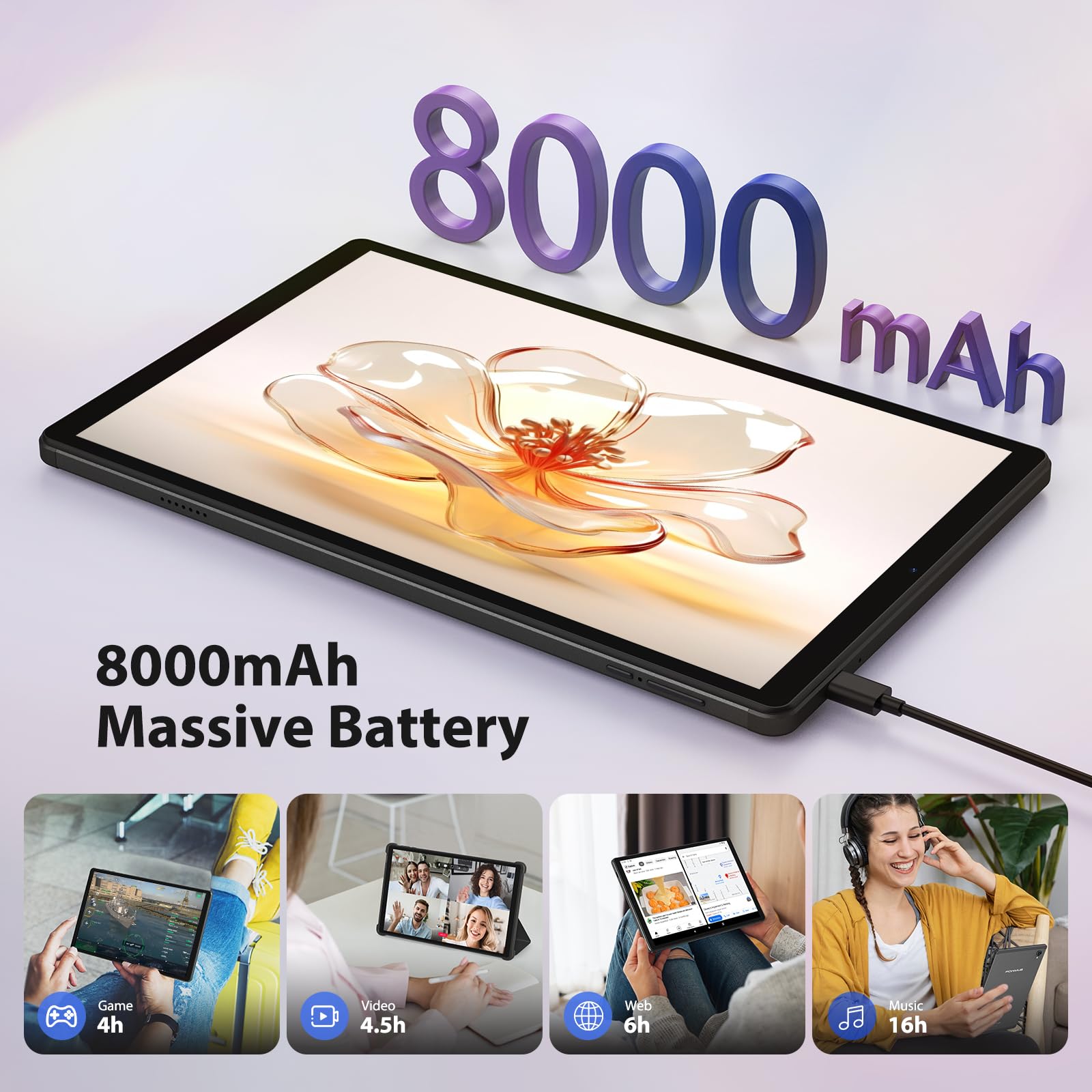 POWMUS 10.4 Inch Android Tablet - 8GB RAM, 256GB Storage (Expandable to 1TB), 2K IPS Display, Octa-Core MT8183 Processor, Dual WiFi (2.4G/5G), 8000mAh Battery, 13MP+8MP Cameras, Bluetooth 5.0, GPS - Gray - Perfect for Work, Study, Streaming & Gaming