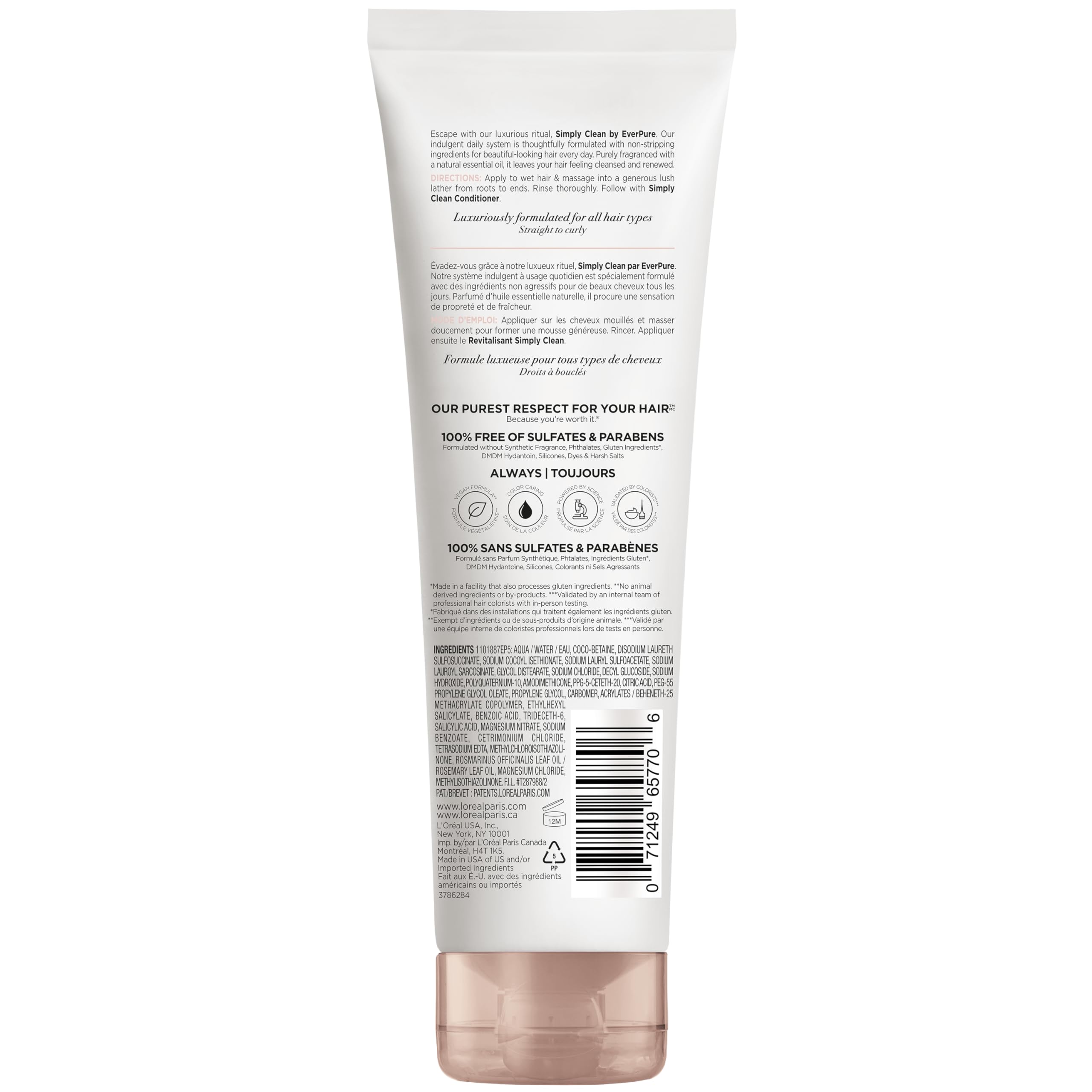 L'Oreal Paris EverPure Sulfate Free Simply Clean Shampoo - Hydrating Hair Care with Rosemary Essential Oils, 8.5 Fl Oz - Gentle Daily Cleansing for Color Treated & Dry Hair